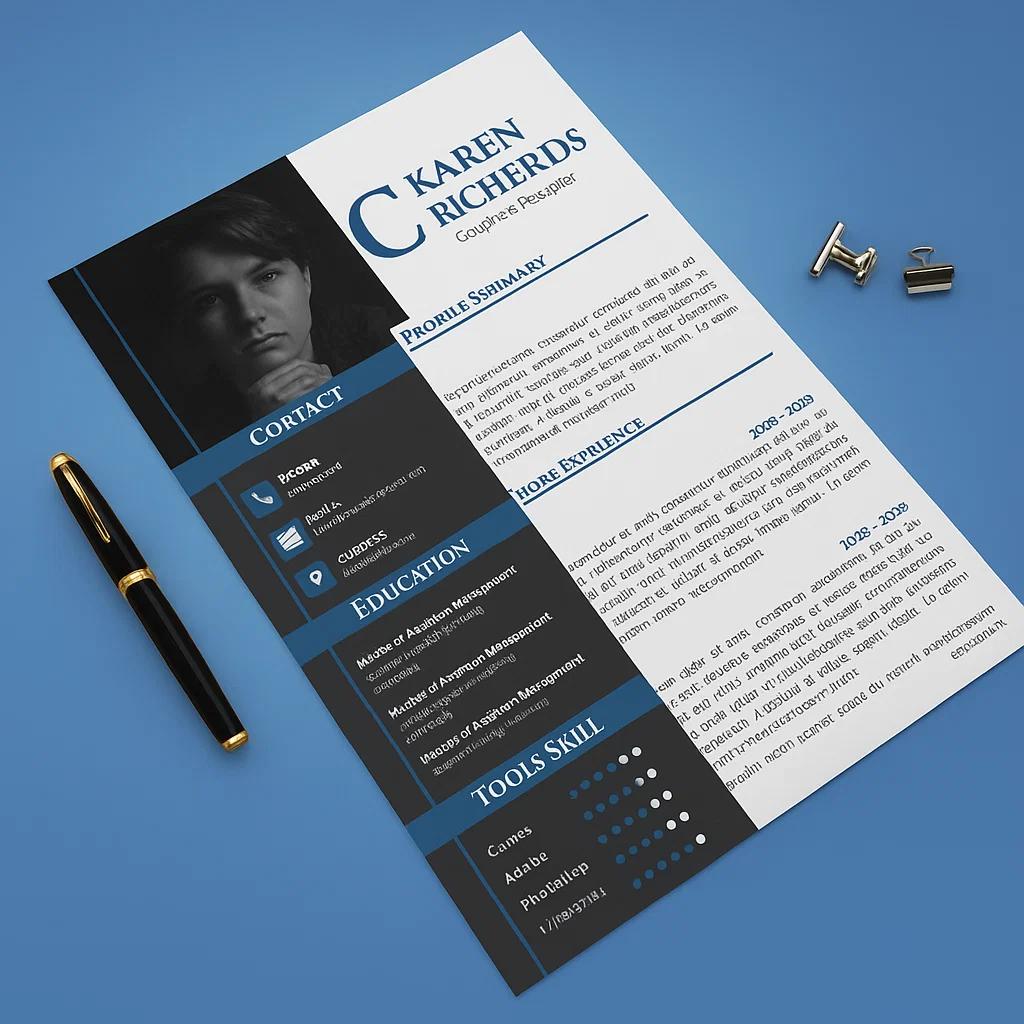 Professional Graphic Designer Resume Template  Fully Customizable Layout for Profile, Work Experience, Education, Skills, and Contact Information