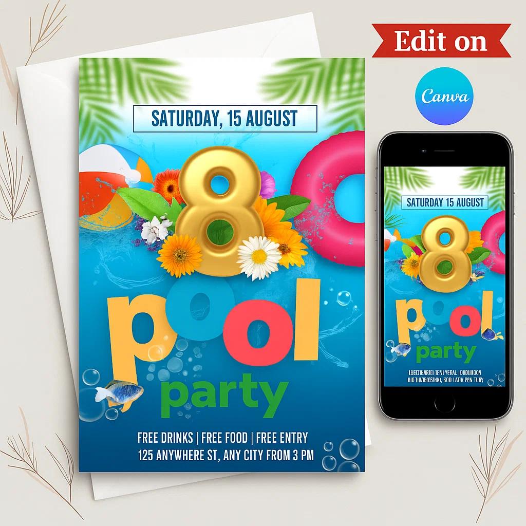 Editable Pool Party Invitation Template – Mobile & Card Sizes Included – Fun Digital Download for Print & Text
