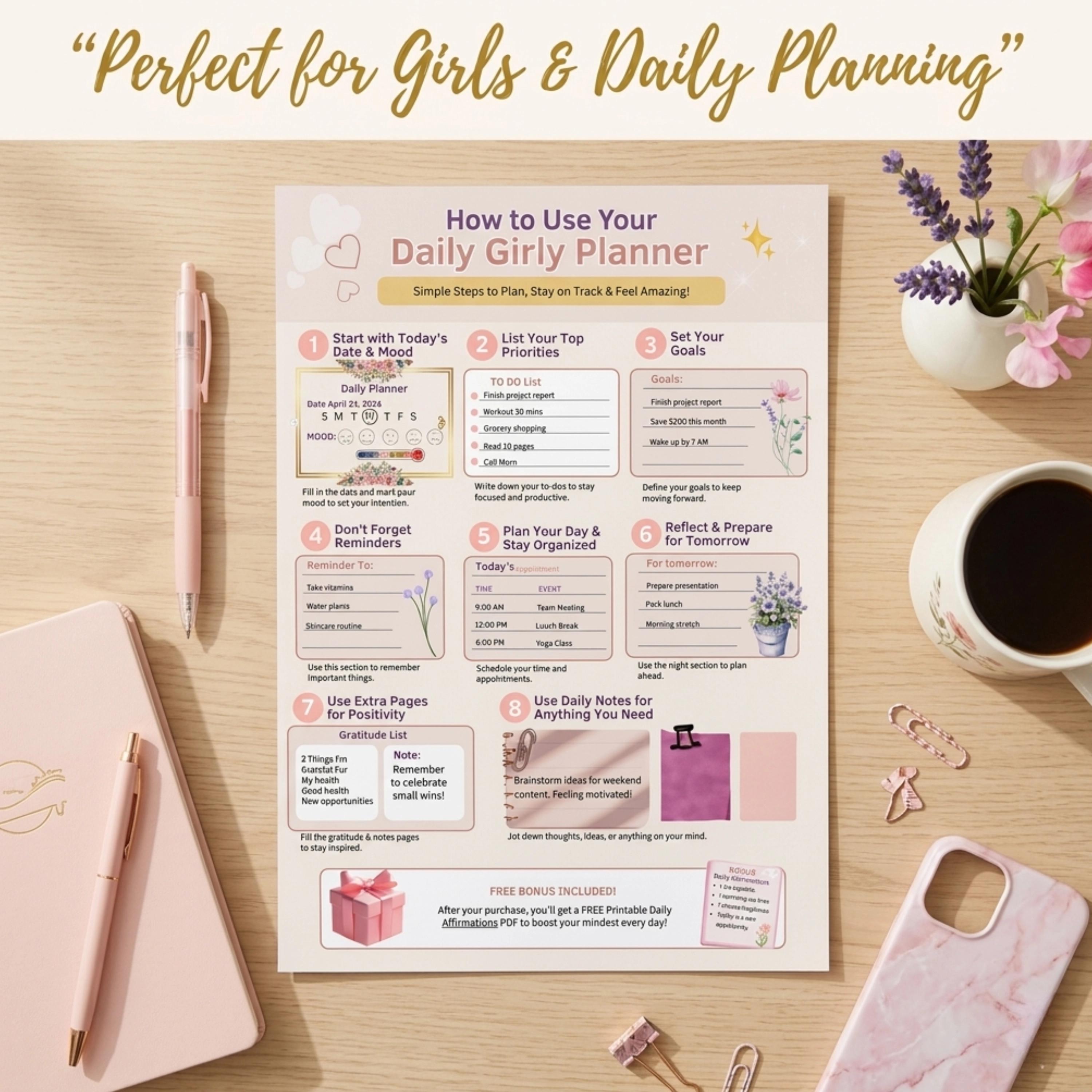 Girly Daily Planner Printable  How to Use Planner Printable Girly Planner Instructions Canva Template Planner PDF