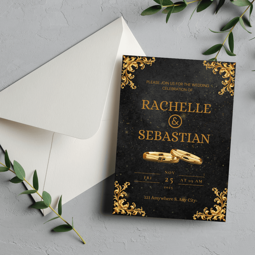 Floral Wedding Invitation Template - Elegant Black Theme, Customizable, Printable, Perfect for Modern and Classic Weddings