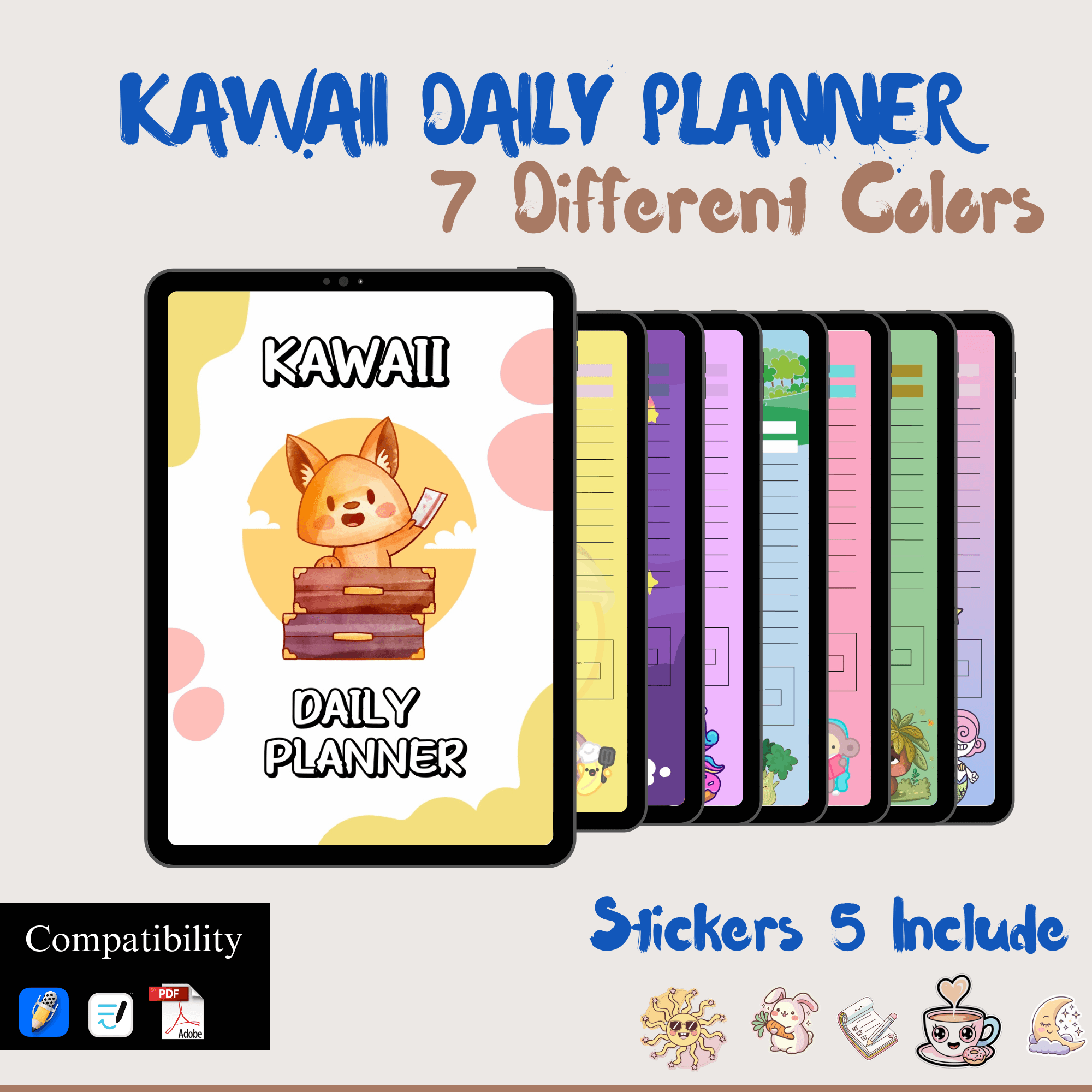 Colorful Kawaii Daily Planner | 7 Vibrant Themes + 5 Adorable Stickers for Productivity & Fun