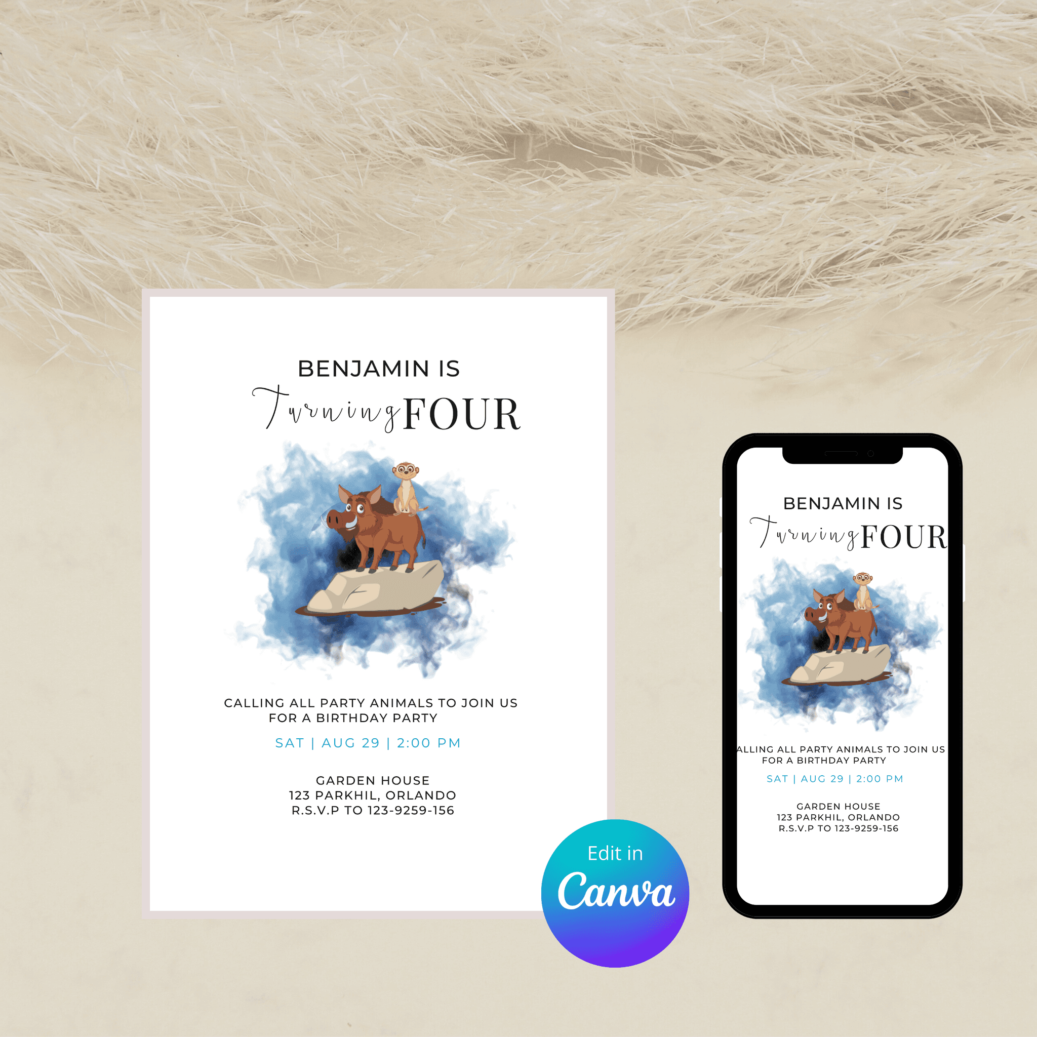 Editable Lion Jungle Birthday Invitation | Digital Kids Party Evite | 1st Birthday Template