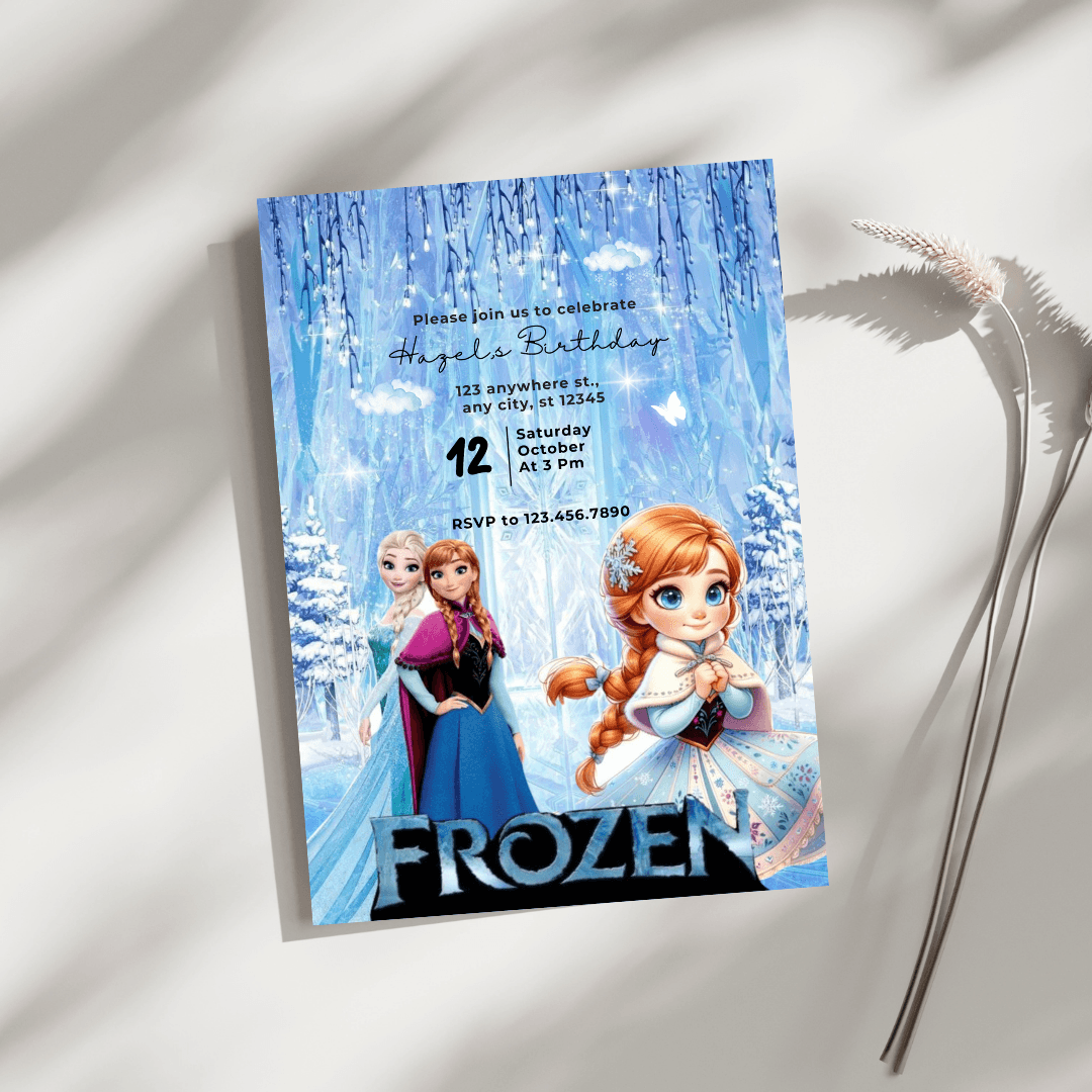 Princess Birthday Party Invitation Template – Frozen Theme, Editable and Customizable Digital Design for Girls’ Magical Winter Celebration, Printable Party Card