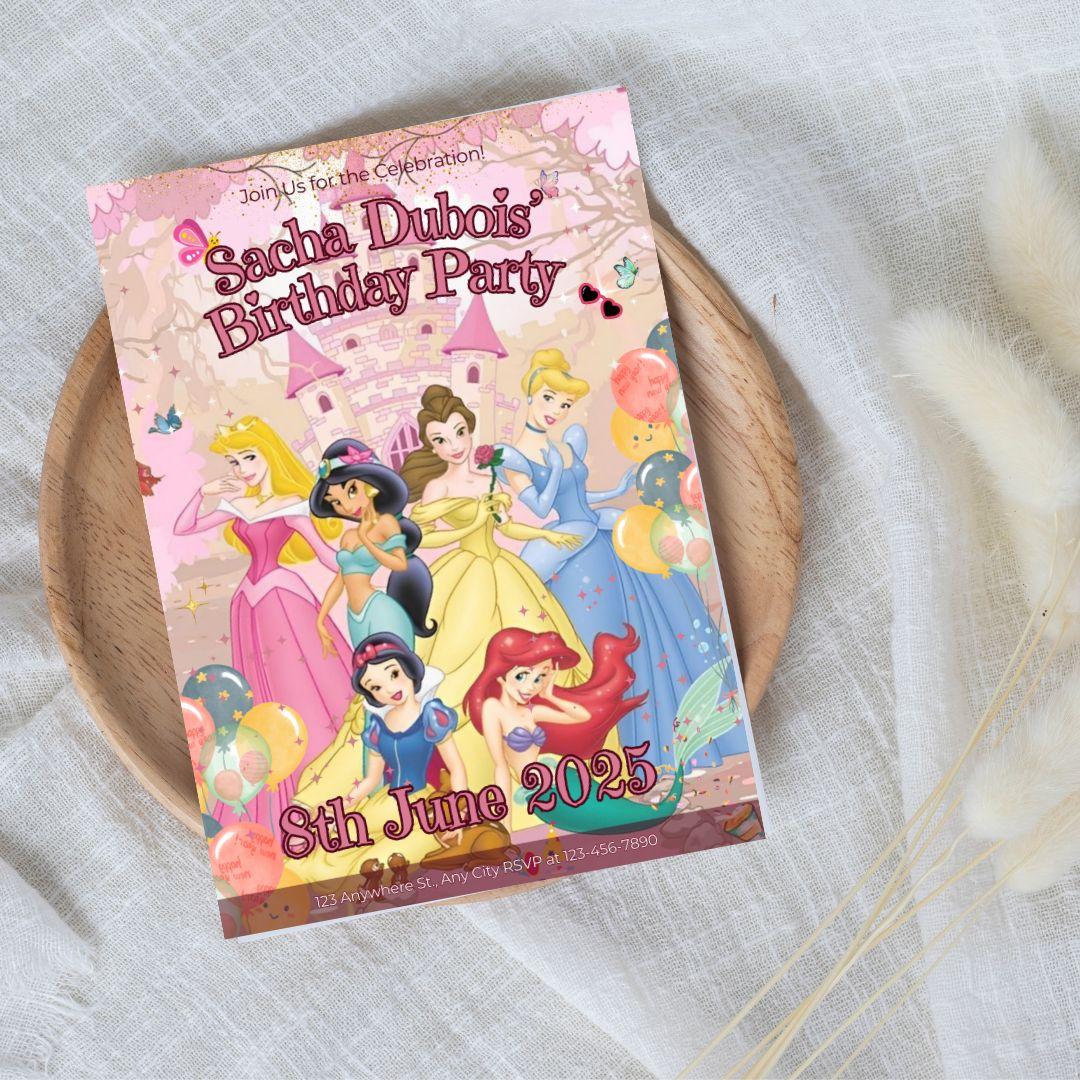 Editable & Customizable Princess Birthday Party Invitation Template – Pink Floral Theme Digital Download for Girls’ Magical Celebration, Printable Fairytale Party Card Design