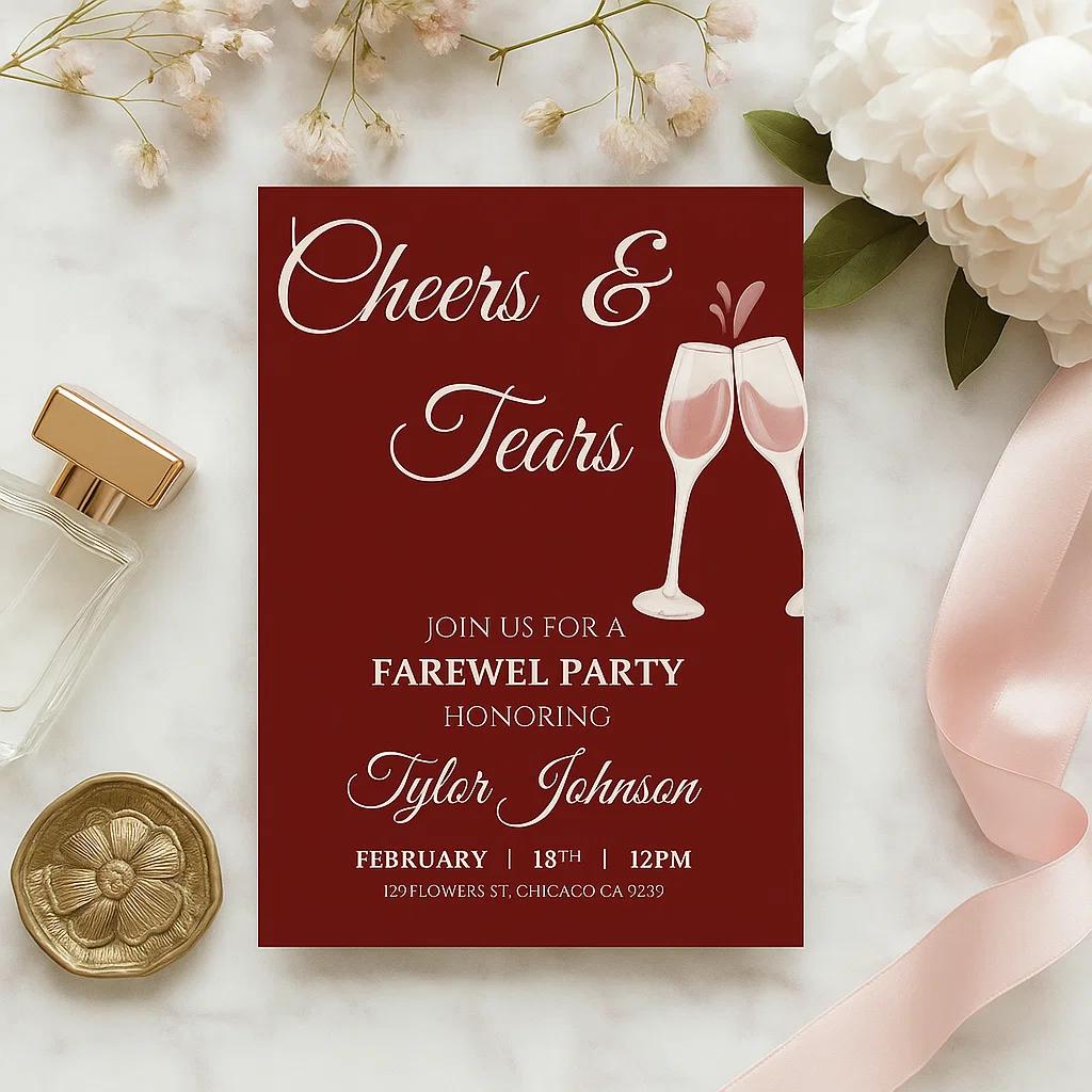 Elegant Cheers and Tears Farewell Invitation – Customize Name, Date, Time, and Location Instantly with Canva Editable Party Template