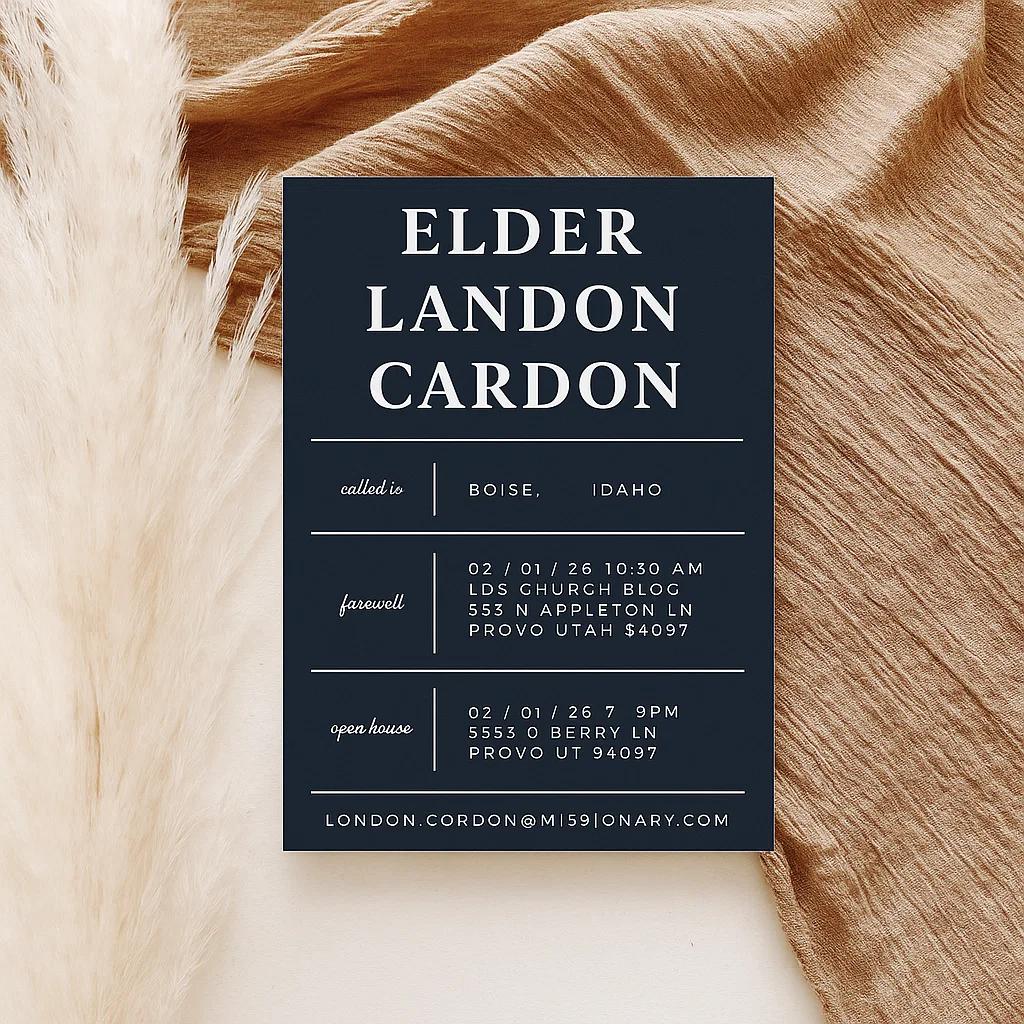 Elder Landon Cardon Farewell and Open House Invitation – Editable & Customizable Design for Missionary Send-Off