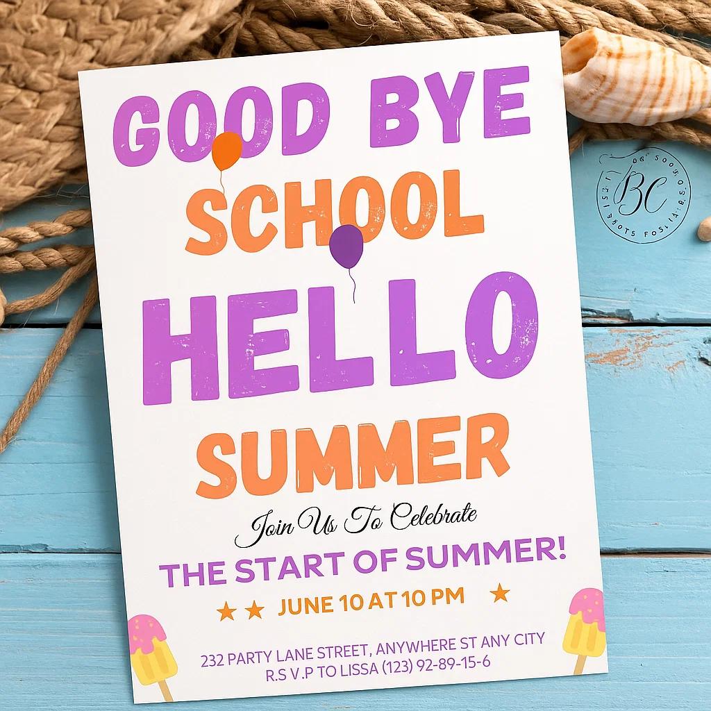 Goodbye School, Hello Summer! 🎉 Join Us for a Fun Summer Celebration! 🌞" Let me know if you need any adjustments