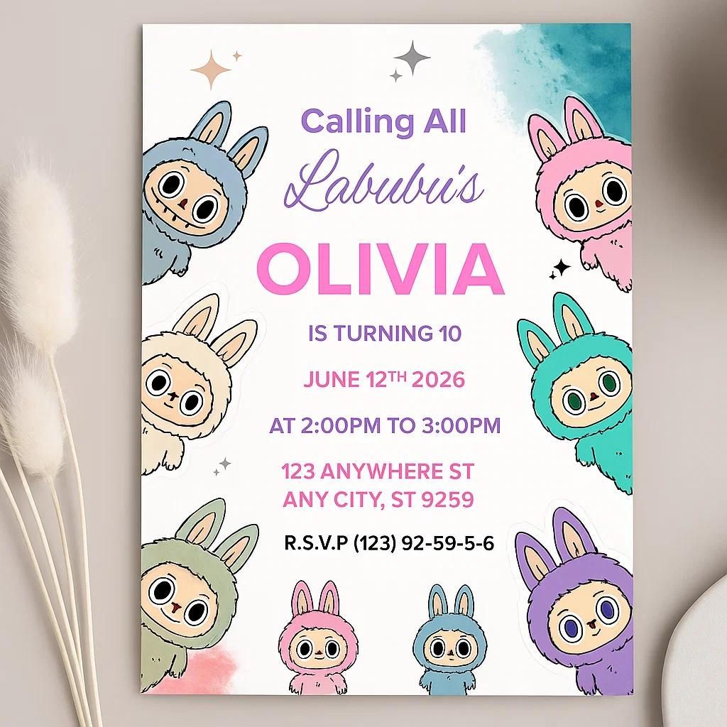 Editable Birthday Invitation Template for Olivia’s 10th Birthday – Fun Labubu Theme with Customizable Date, Time, and RSVP