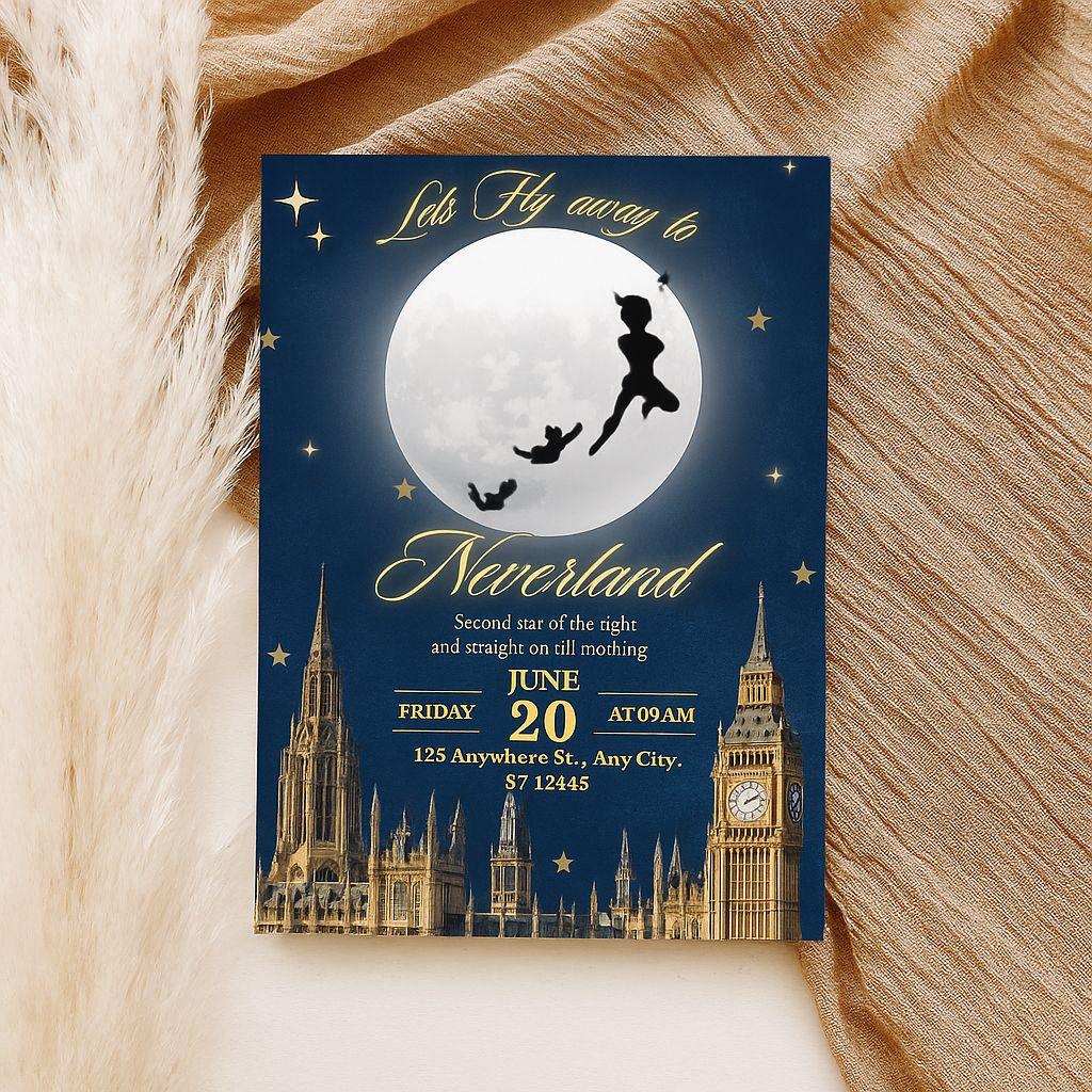 Neverland Invitation Template | Editable Peter Pan Party Invite | Canva Edit | Fantasy Moon Silhouette Design | Instant Download