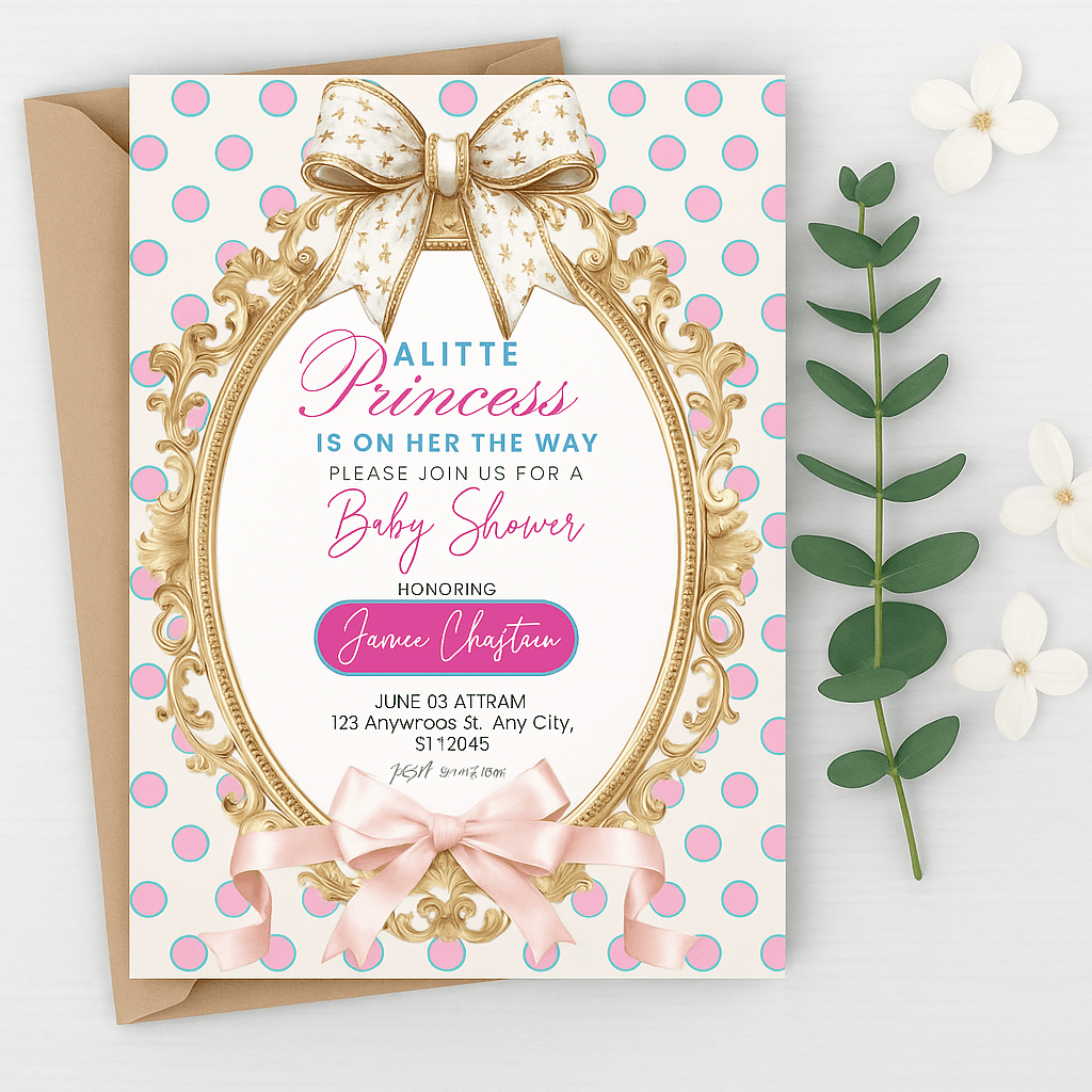 Little Princess Baby Girl Shower Invitation – Editable Canva Template, Customizable, Printable Design, Pink Royal Theme, Instant Download