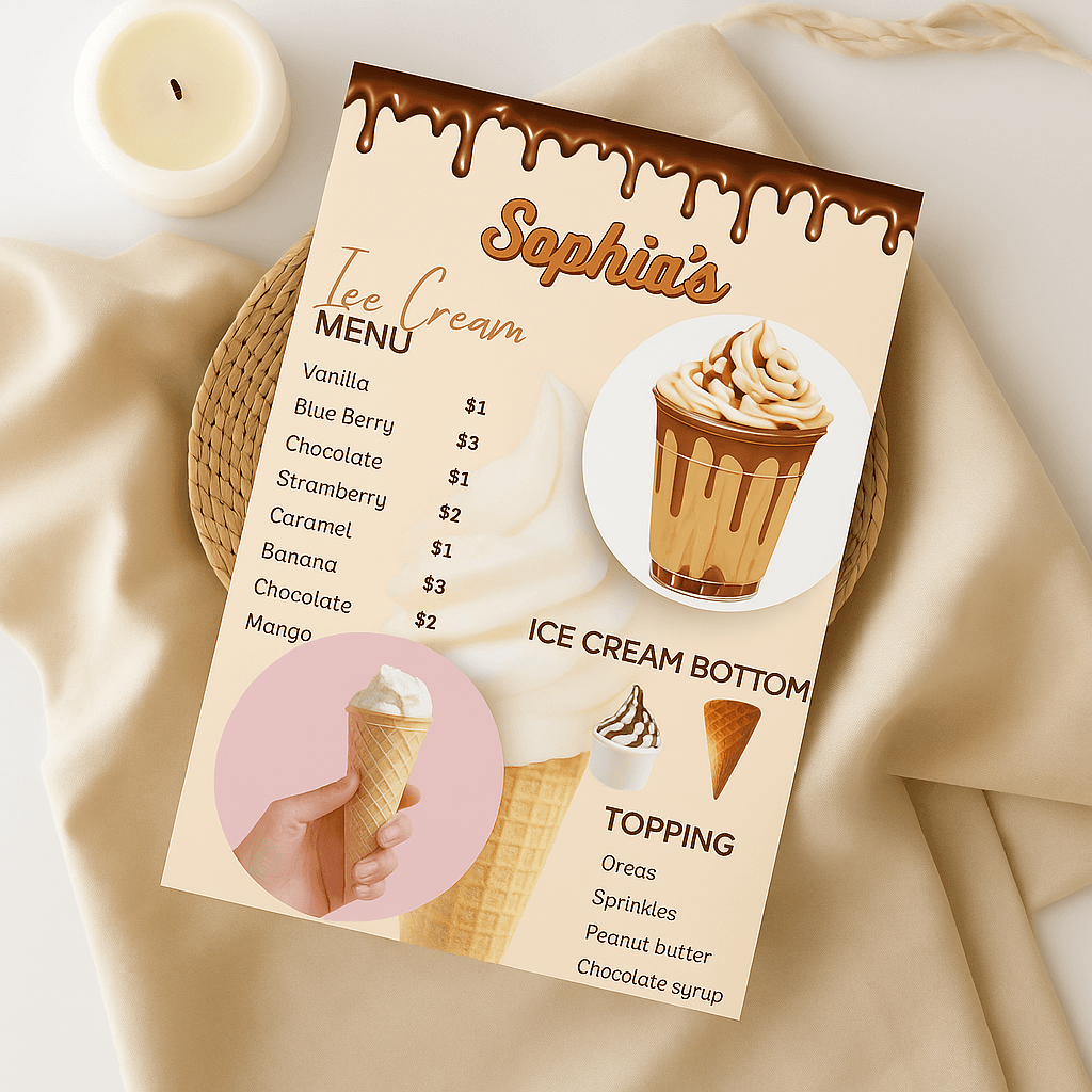 Sophia Ice Cream Menu Card – Editable with Canva, Customizable Template, Printable Design, Instant Download for Parties