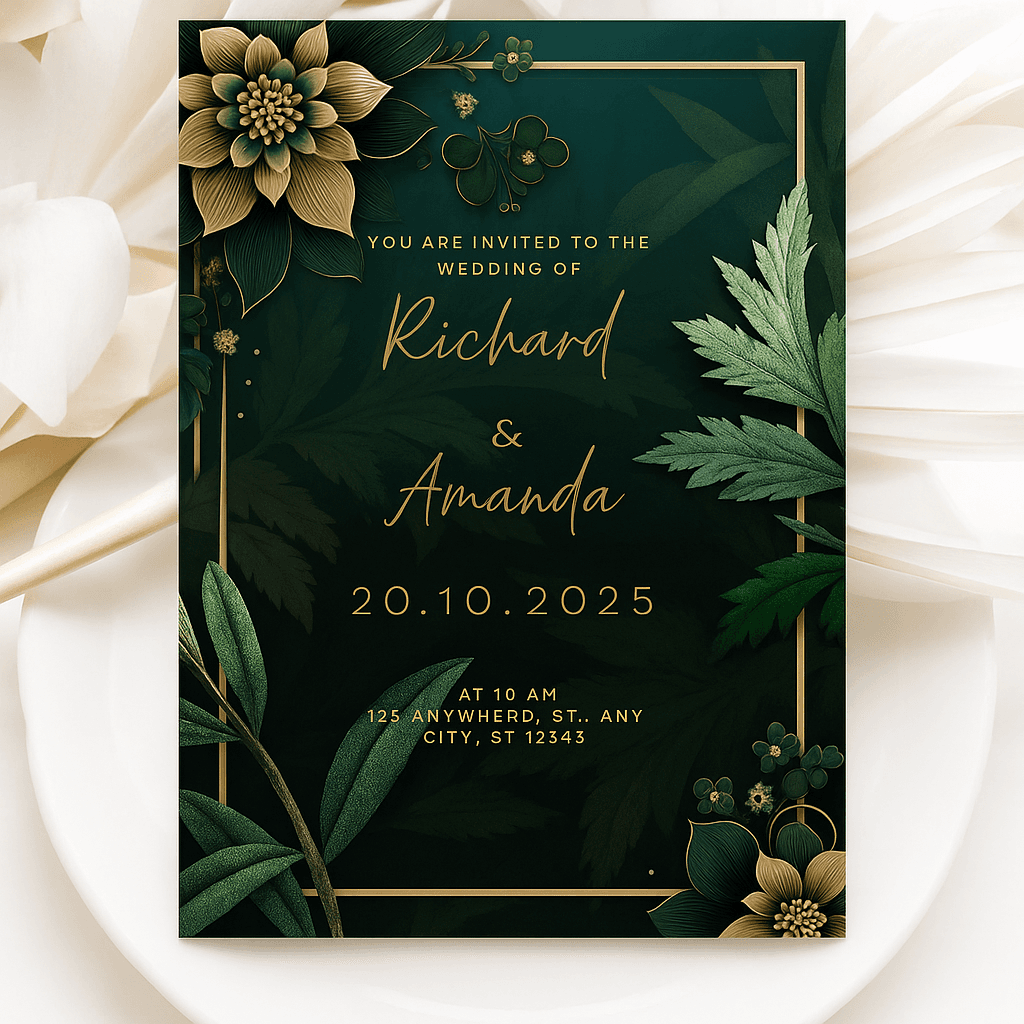 Richard & Amanda Wedding Invitation Template – Editable Floral Green Theme, Customizable Canvas Design, Printable, Elegant Botanical Style, Instant Download
