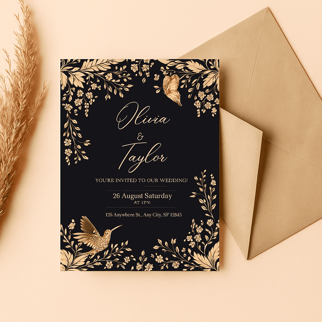 Elegant Dark Floral Wedding Invitation | Editable Canva Template | Modern Botanical Design | Printable Wedding Card | Digital Download | Instant Access Invite