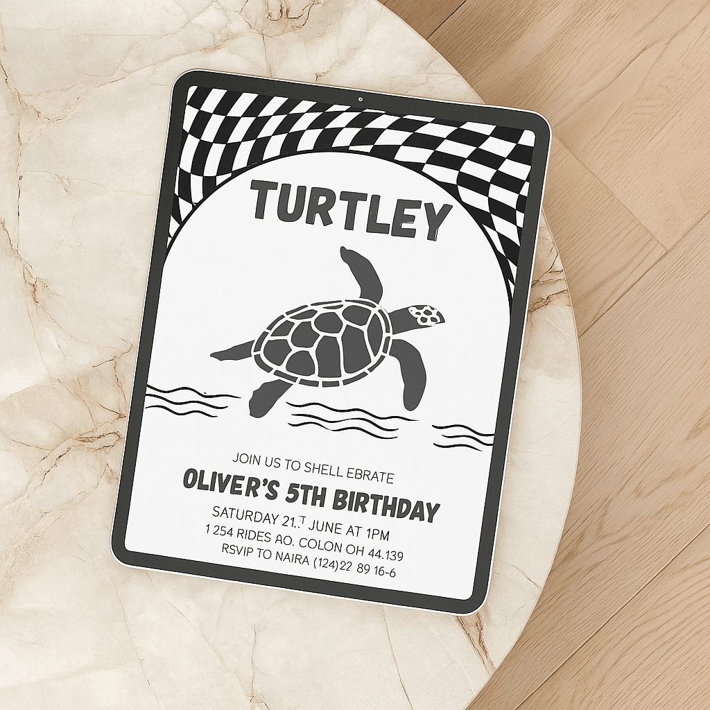 Oliver’s 5th Birthday Invitation – Black & White Turtle Theme, Editable Canva Template, Minimalist Kids Party, Printable, Instant Download, Custom Design