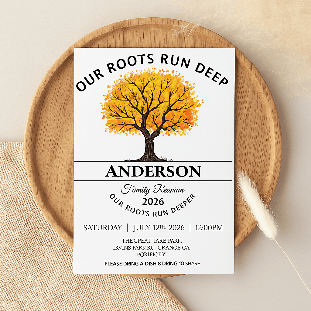 Our Roots Run Deep – Anderson Family Reunion Invitation, Editable Canva Template, Tree Theme, Customizable Design, Printable, Instant Download Invite