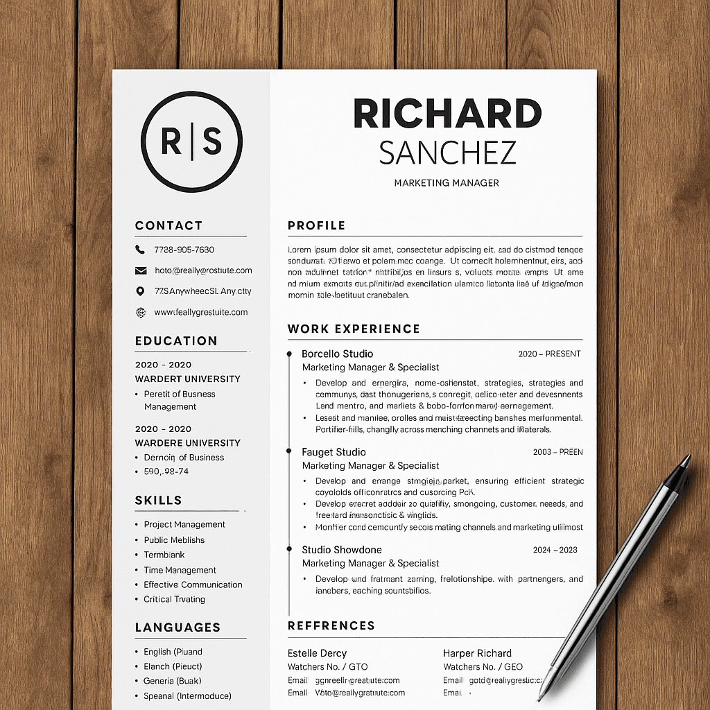 Richard Sanchez Marketing Manager Resume Template – Editable Canva CV, Modern Business Layout, Creative Professional Design, Instant Download, Career-Focused Format
