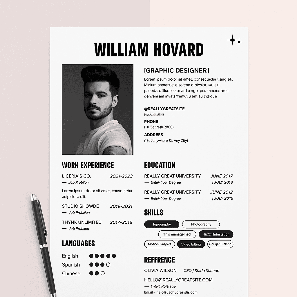 William Black Theme Graphic Designer Resume – Editable Canva Template, Bold Layout, Modern Minimalist CV, Instant Download, ATS-Friendly Design