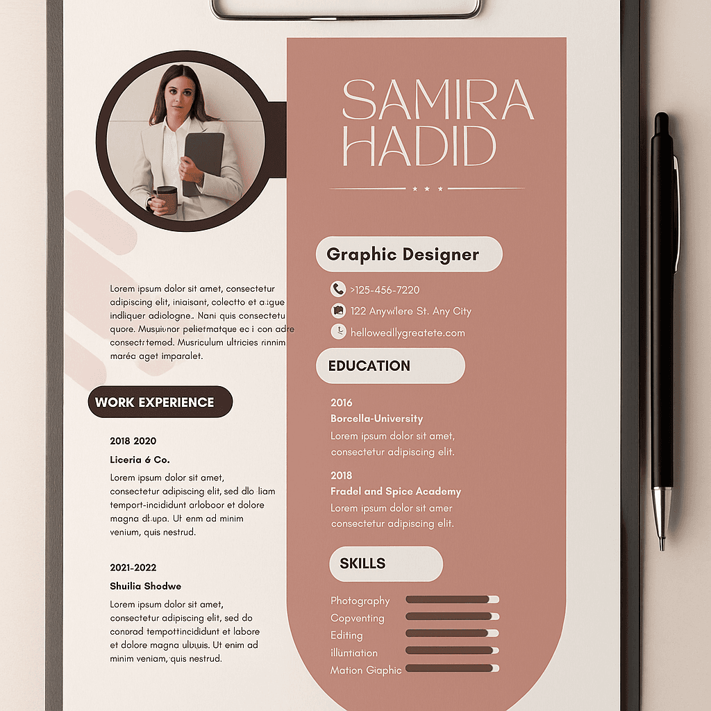 Samira Hadid Graphic Designer Resume – Editable Canva Template, Customizable Modern CV, Creative Layout, Instant Download, Professional Design