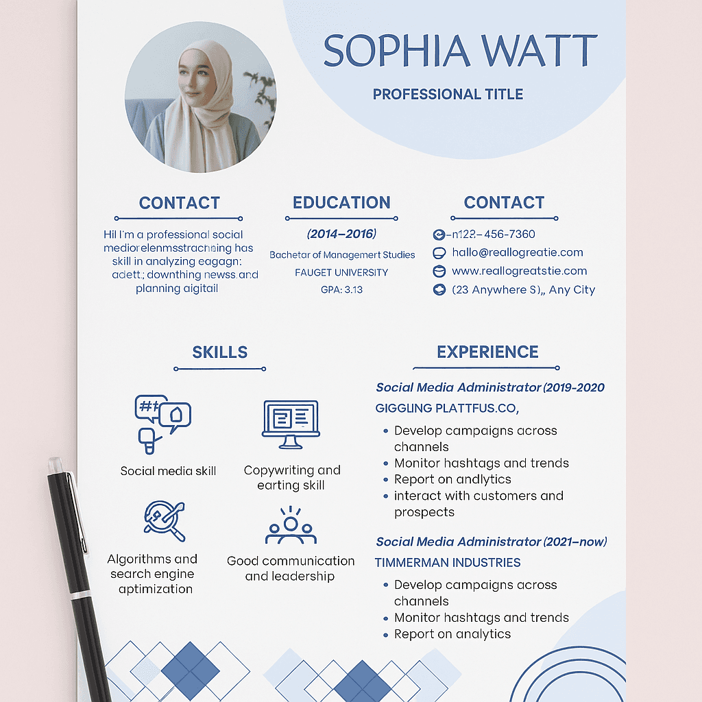 Sophia Watt Graphic Designer Resume – Editable Canva Template, Customizable Creative CV, Modern Professional Design
