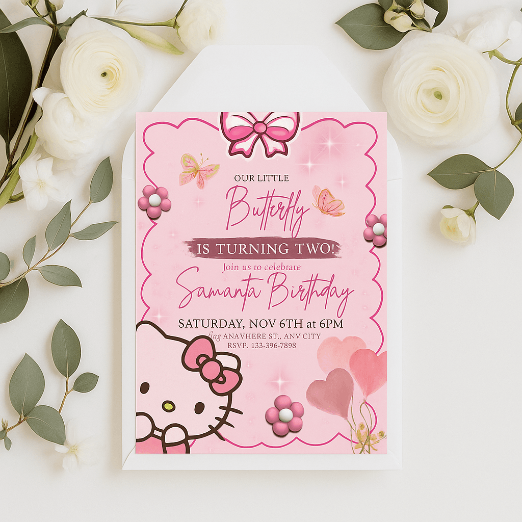 Samanta Is Turning Two – Floral Pink Birthday Invitation, Editable Canva Template, Customizable Girl’s 2nd Birthday Party Invite