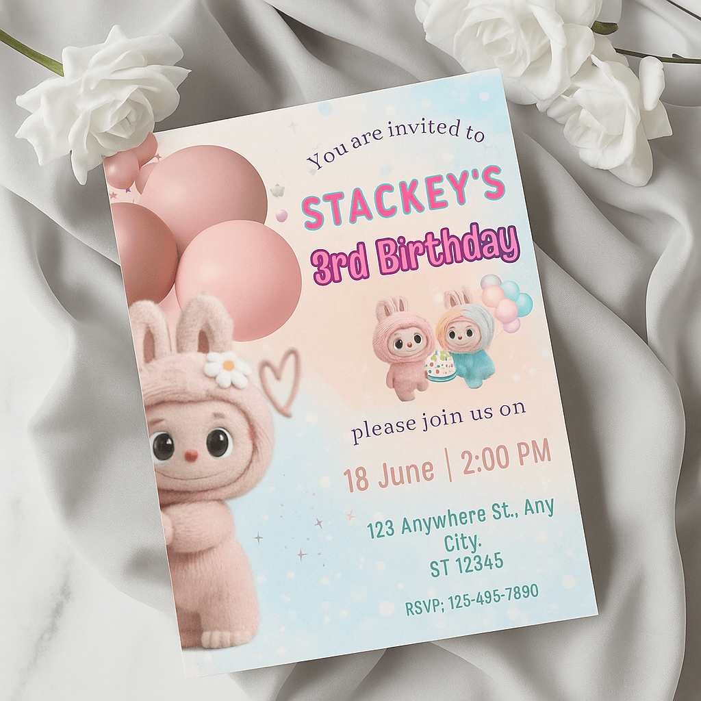 STACKEYS 3rd Birthday Party Invitation – Editable Canva Template, Customizable Toddler Birthday Invite, Colorful Kids Party Design