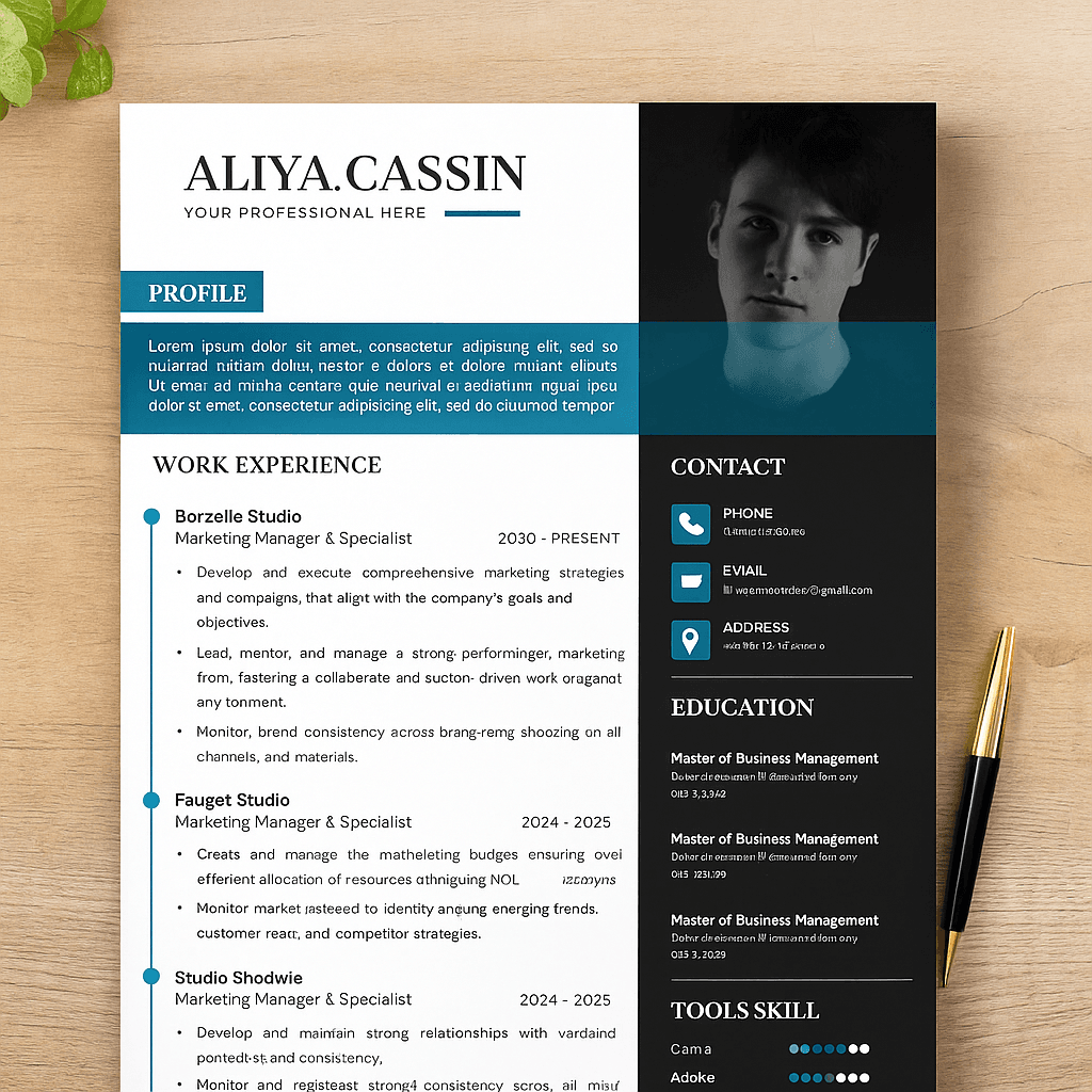 Aliya Cassin Marketing Manager Resume – Customizable Professional CV Template, Editable Canva Resume for Corporate & Creative Roles