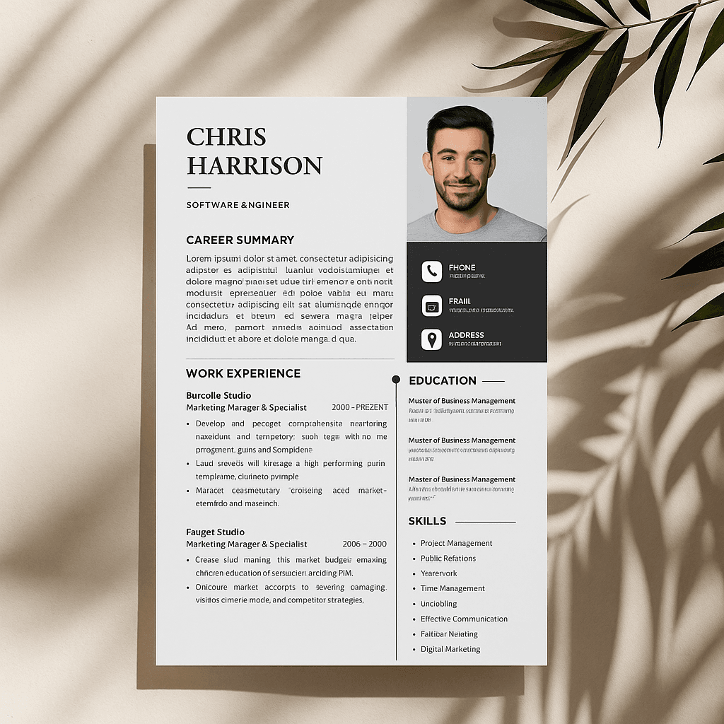 Chris Harrison Software Engineer Resume – Editable Canva Template, Customizable Tech CV Design, Modern Developer Resume for Engineers