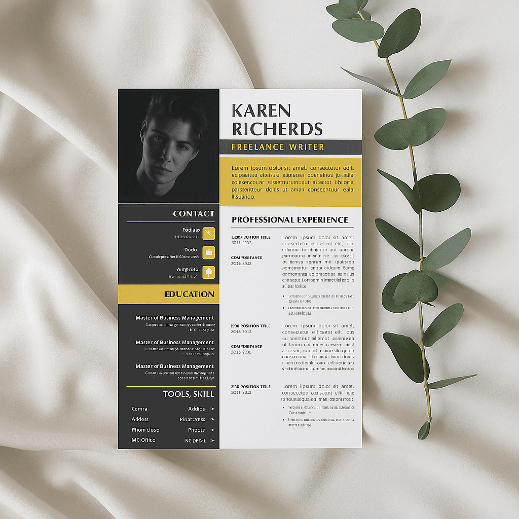 Karen Richards Freelancer Resume – Editable Canva Template, Customizable Modern CV Design, Professional Resume for Freelancers & Creatives