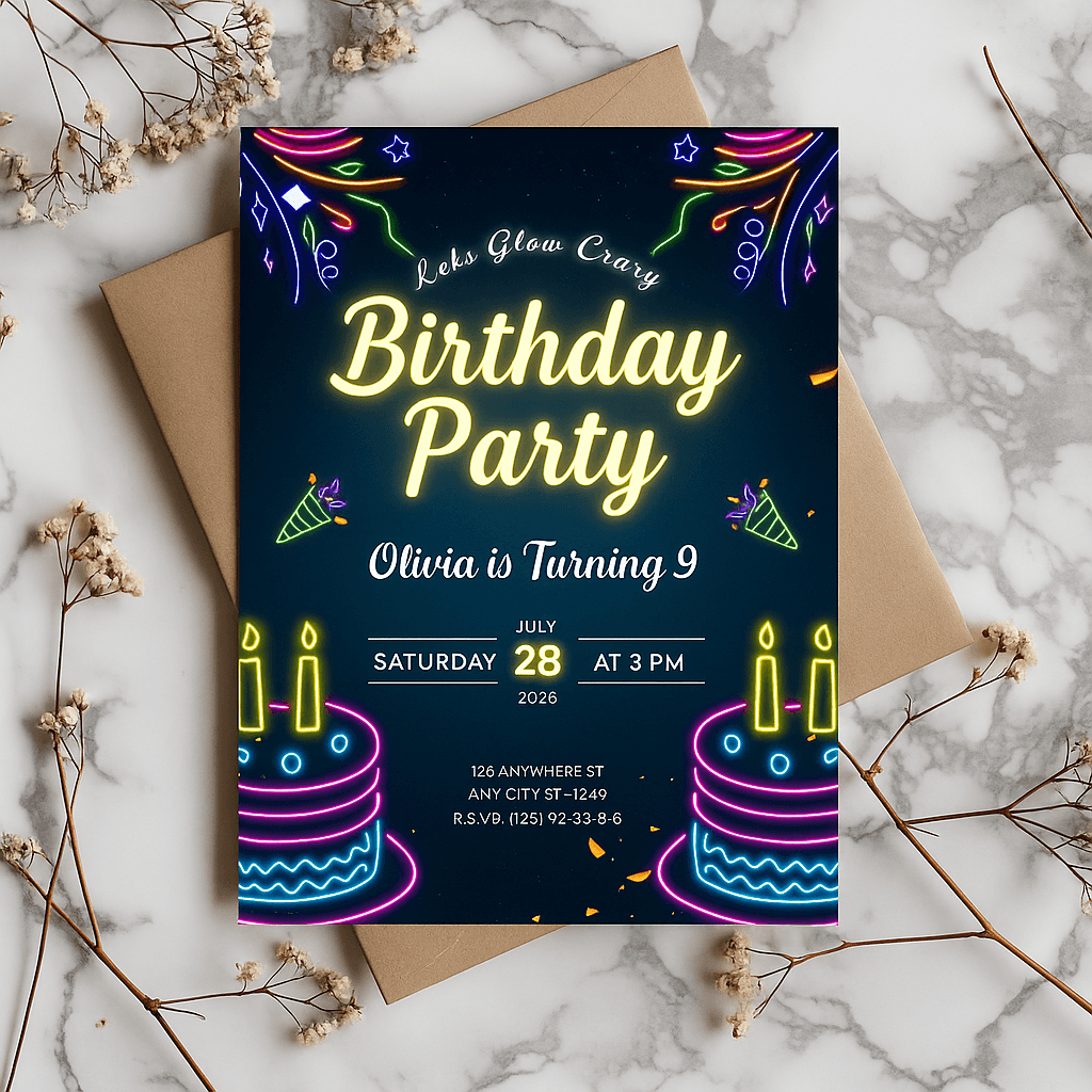 Olivia’s Turning 9 Birthday Invitation – Editable Canva Template, Customizable Girls Party Invite, Colorful 9th Birthday Design
