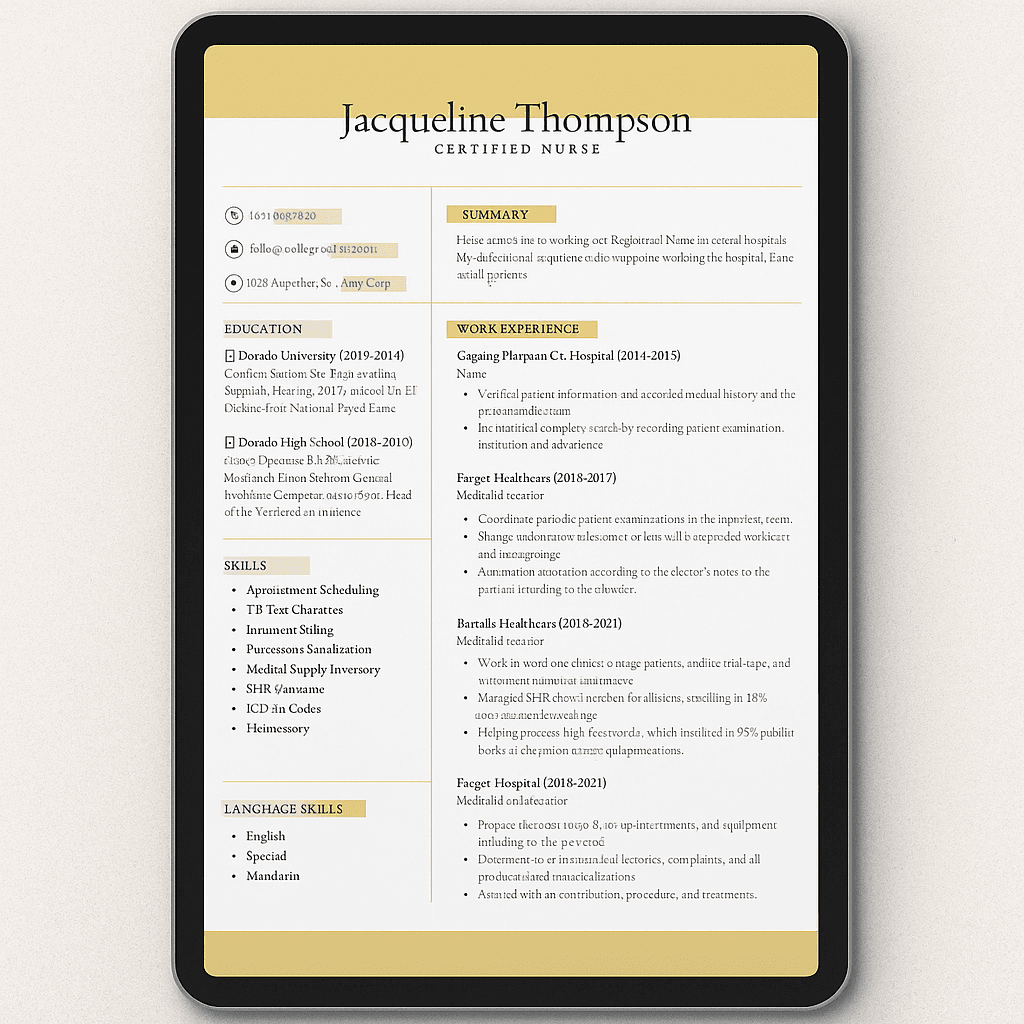 Jacqueline Thompson Nurse Resume – Certified, Customizable Canva Template, Editable RN CV Design for Medical, Healthcare, Hospital, LPN, BSN Jobs