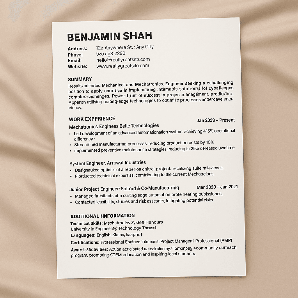 Mechatronics Mechanical Engineer Resume – Professional Canva Template, Editable CV Design for Robotics, Automation & Engineering Jobs