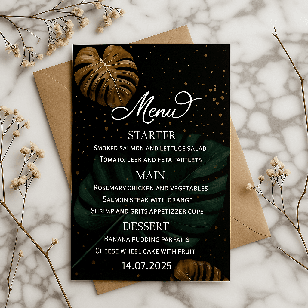 Dark Elegance Wedding Menu Template – Minimalist Black-Themed Reception Menu, Customizable Canva Design for Modern Weddings
