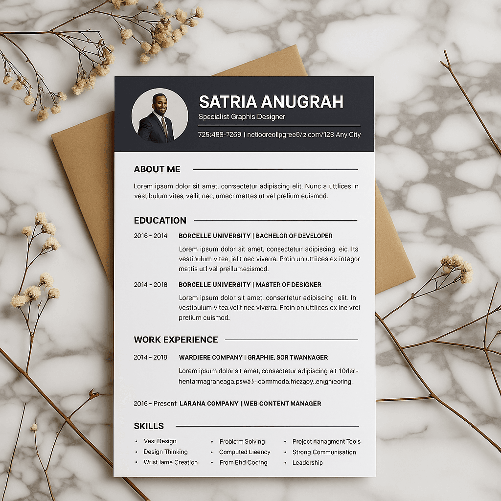 Satria Anugram – Graphic Designer Resume Template | Editable Modern CV in Canva | Creative & Professional Resume Layout for Designers