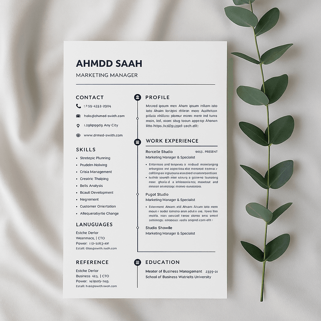 Marketing Manager Resume Template – Modern & Editable CV Design – Fully Customizable in Canva – Perfect for Job Applications