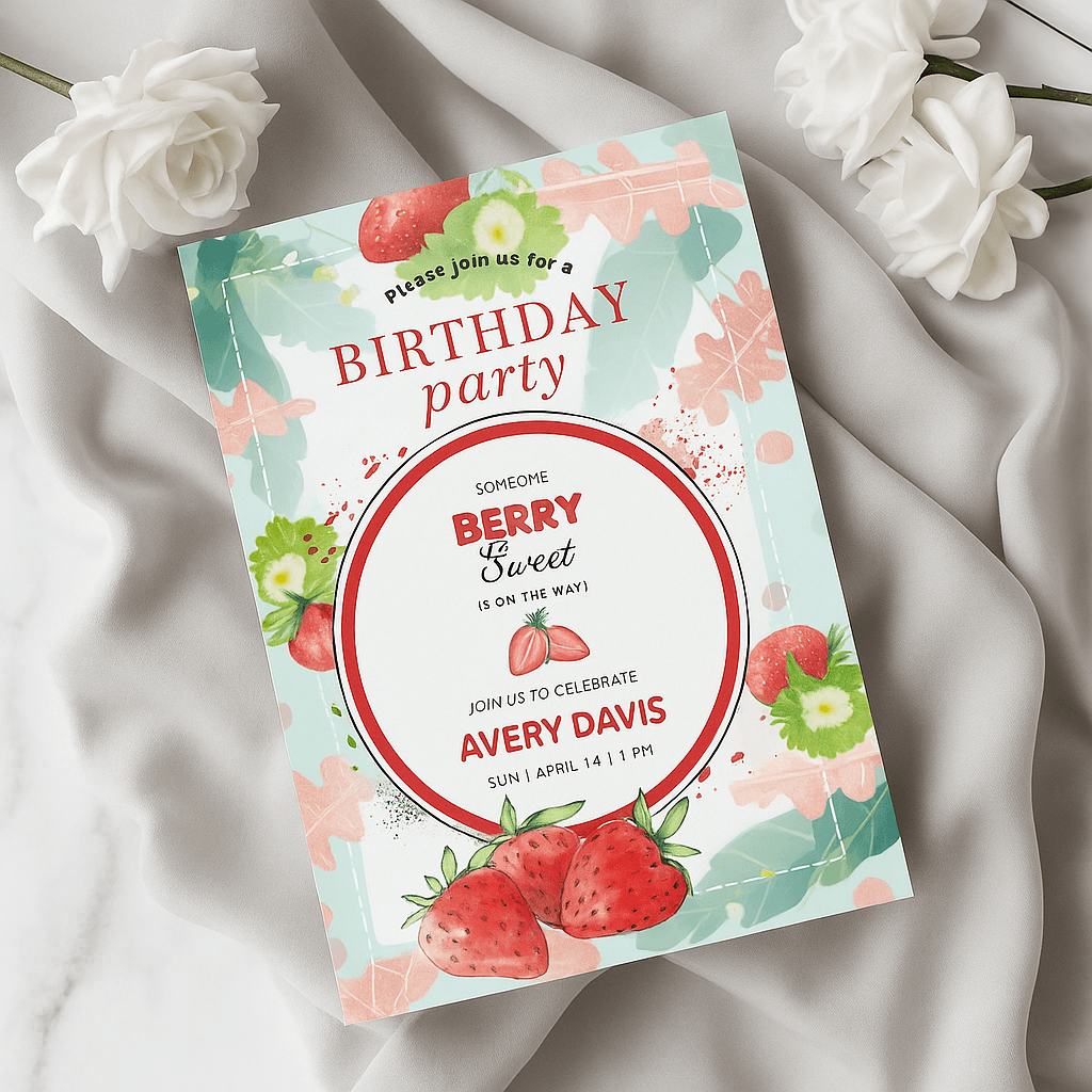 Davis Strawberry Birthday Party Invitation – Editable Canva Template | Cute Fruit-Themed Digital Invite for Kids | Customizable & Instant Download