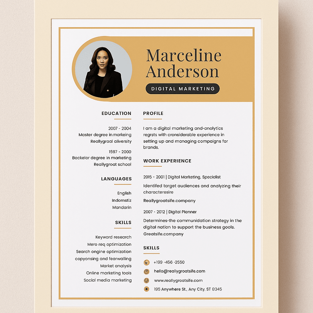 Marceline Digital Marketing Resume Template – Editable & Professional Canva CV | Modern Layout for Job Seekers | Instant Download & Customizable