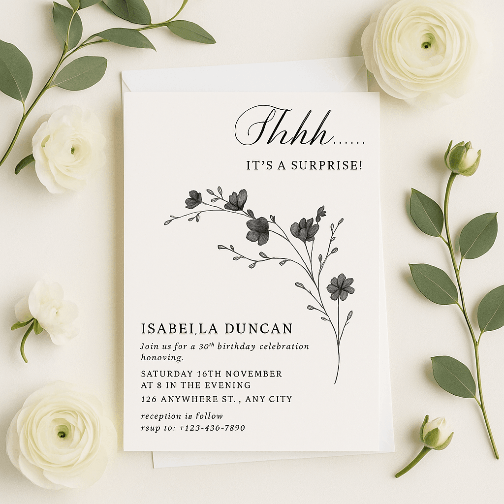 Isabella Birthday Party Invitation Template – Editable Canva Design | Digital Download for Girls Celebration with White & Black Elegant Princess Themes Included