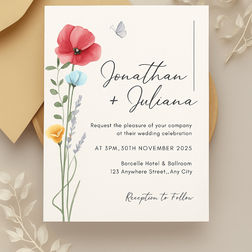Editable Simple Floral Wedding Invitation – Minimal Botanical Template – Custom Printable Invite – Digital Download – Elegant Modern Design Card