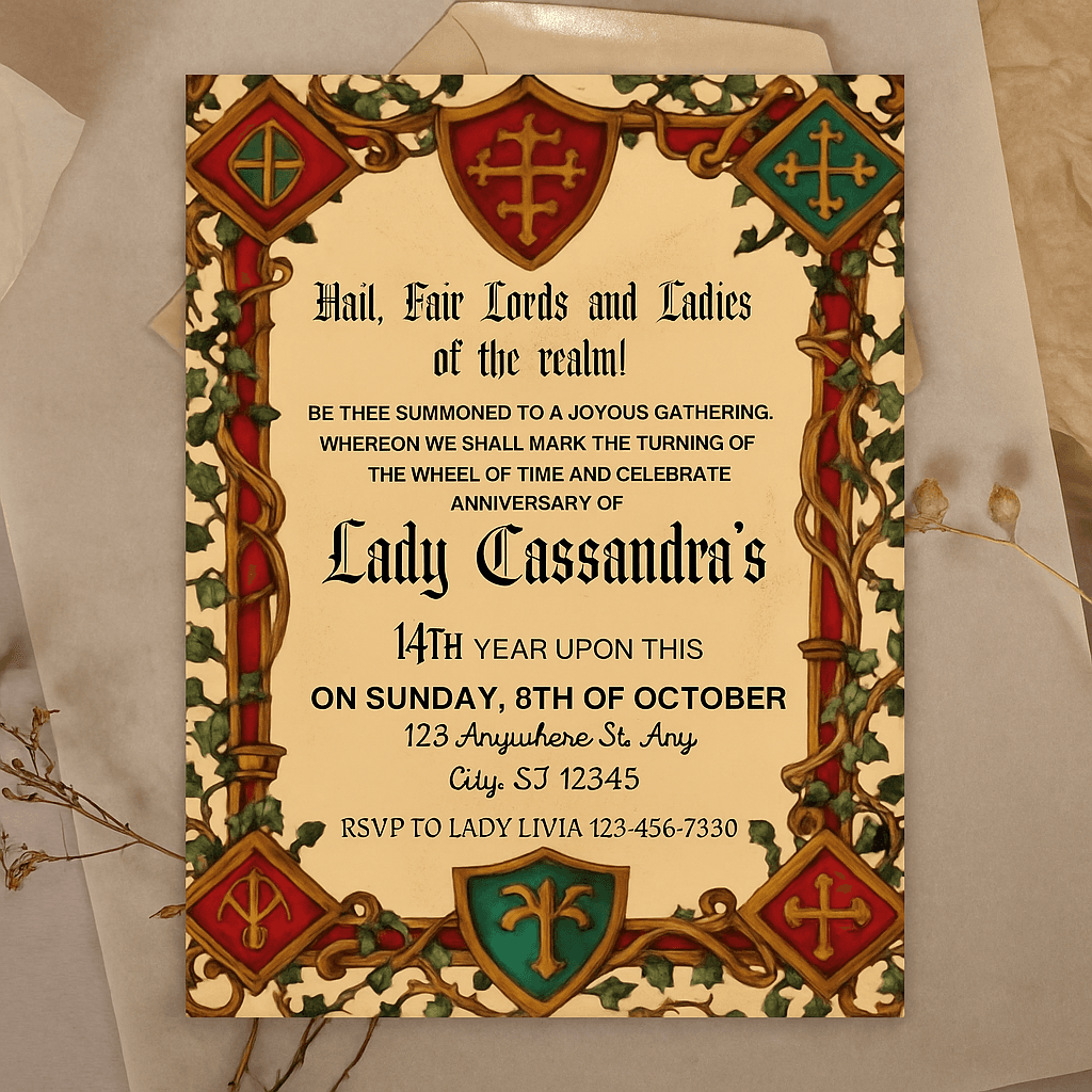 Lady Cassandra’s Celebrate Party Invitation Template – Editable & Customizable Elegant Royal Celebration, Vintage Banquet, Birthday, Costume, Fantasy Event, Printable Design