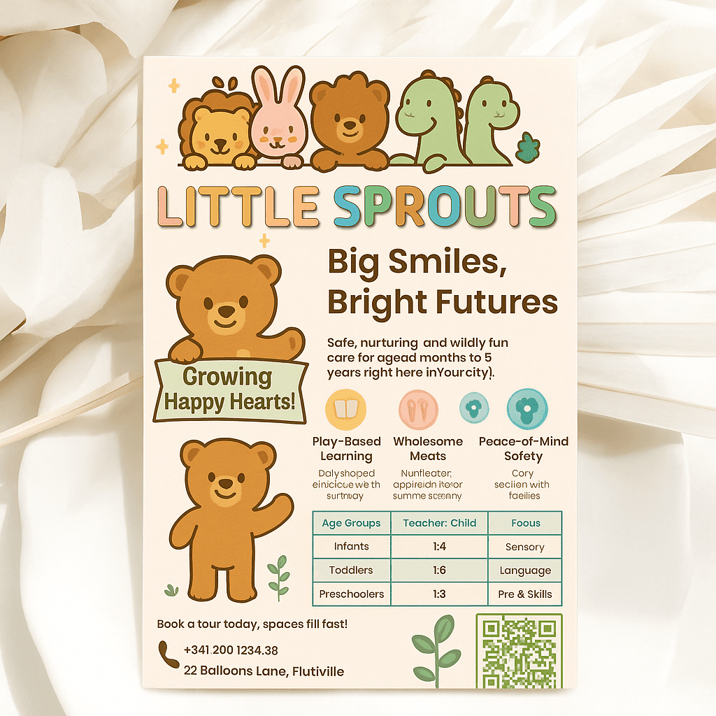 Little Sprouts Flyer Template – Editable & Customizable Childcare, Preschool, Babysitting, Kids Daycare Promotion Design