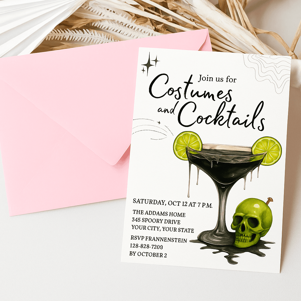 Costumes and Cocktails Halloween Party Invitation Template – Editable & Customizable Spooky, Fun, and Adult Celebration Design