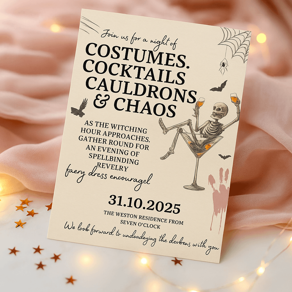 Night of Costumes Skeleton Theme Halloween Party Invitation Template – Editable & Customizable Spooky, Fun, and Adult Celebration Design