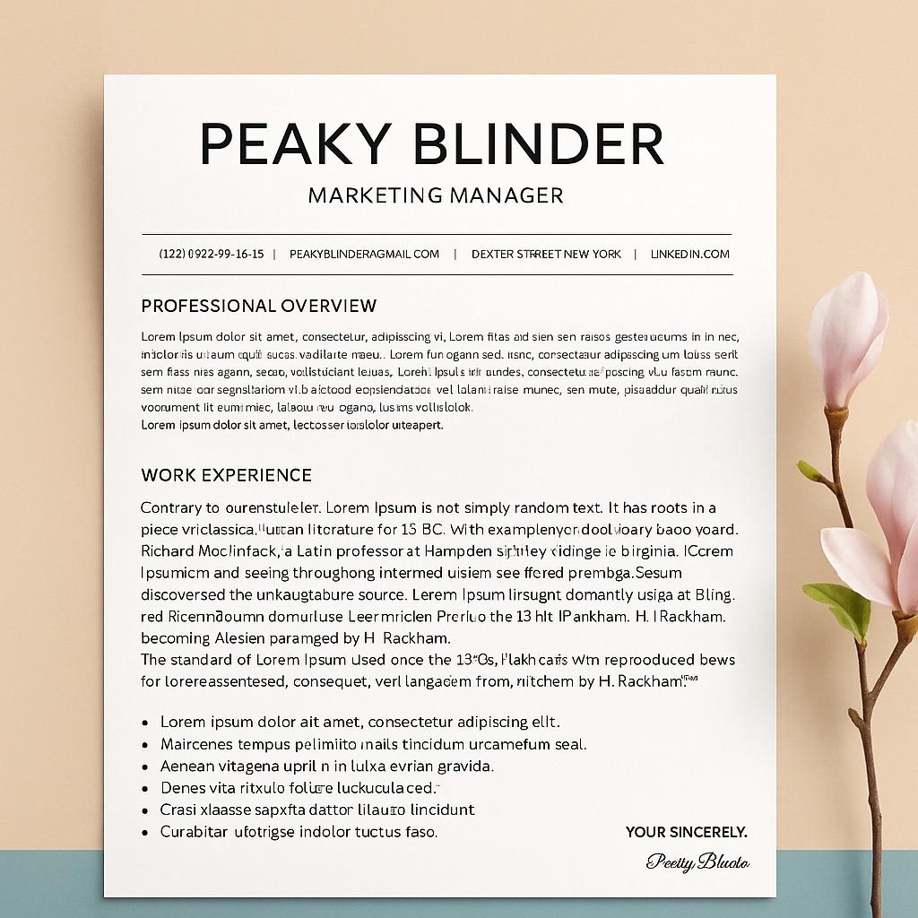 Peaky Blinder - Marketing Manager CV Template with Editable and Customizable Sections for Professional Overview and Work Experience