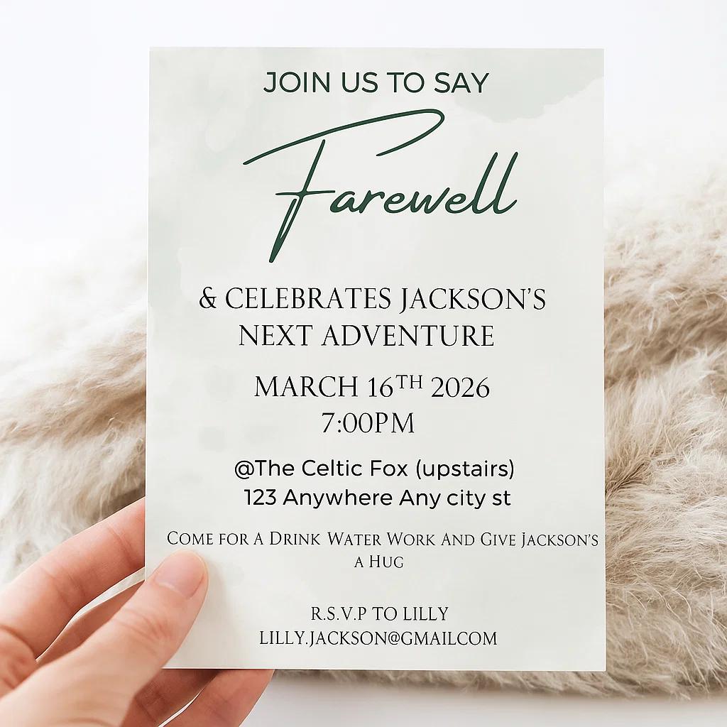 Editable Farewell Invitation Template – Celebrate Jackson's Next Adventure with Customizable Details and Stylish Design Layout