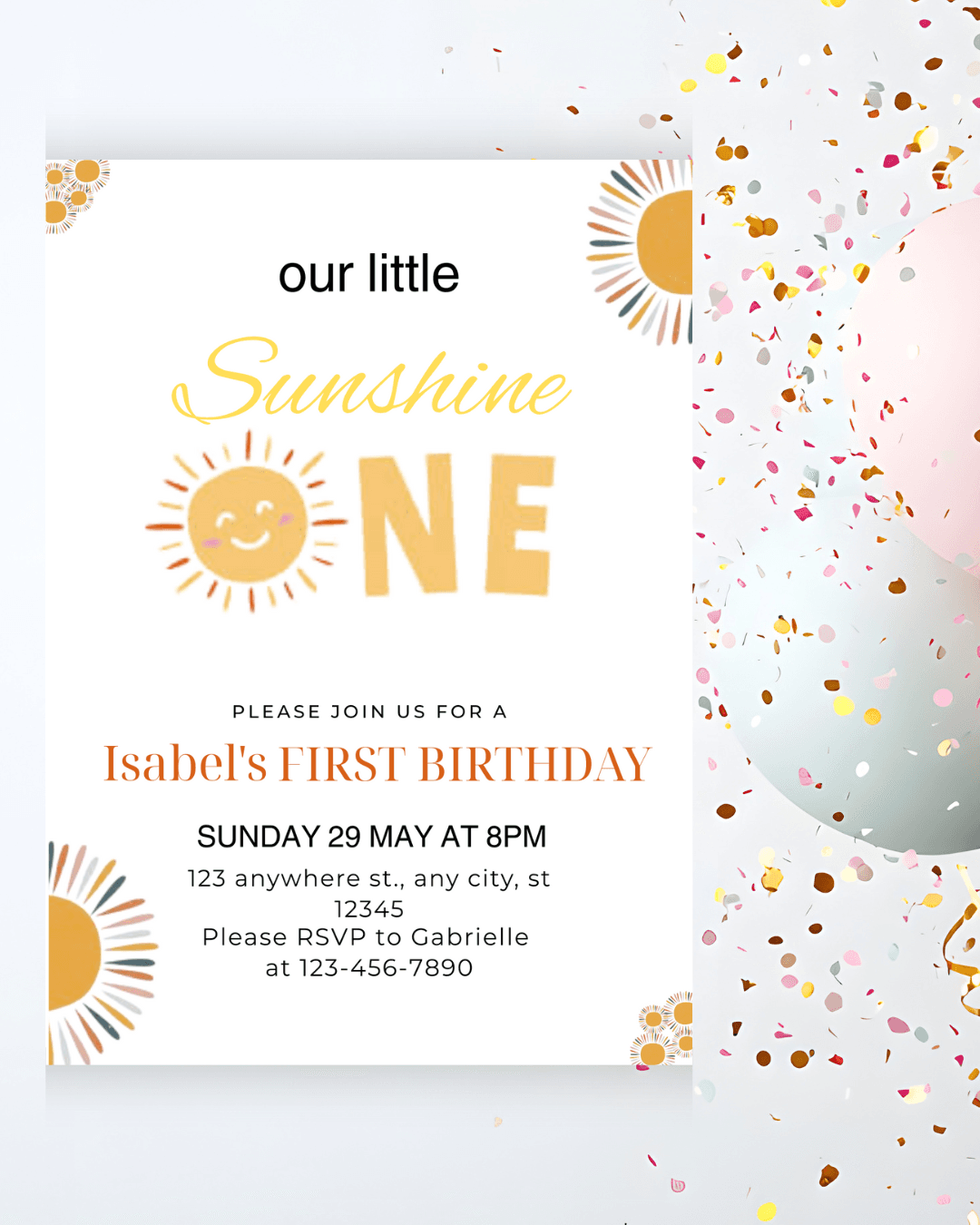 Sunshine Birthday Party Template | Editable & Customizable Canva Design | Bright Yellow Theme Invite for Kids & Adults