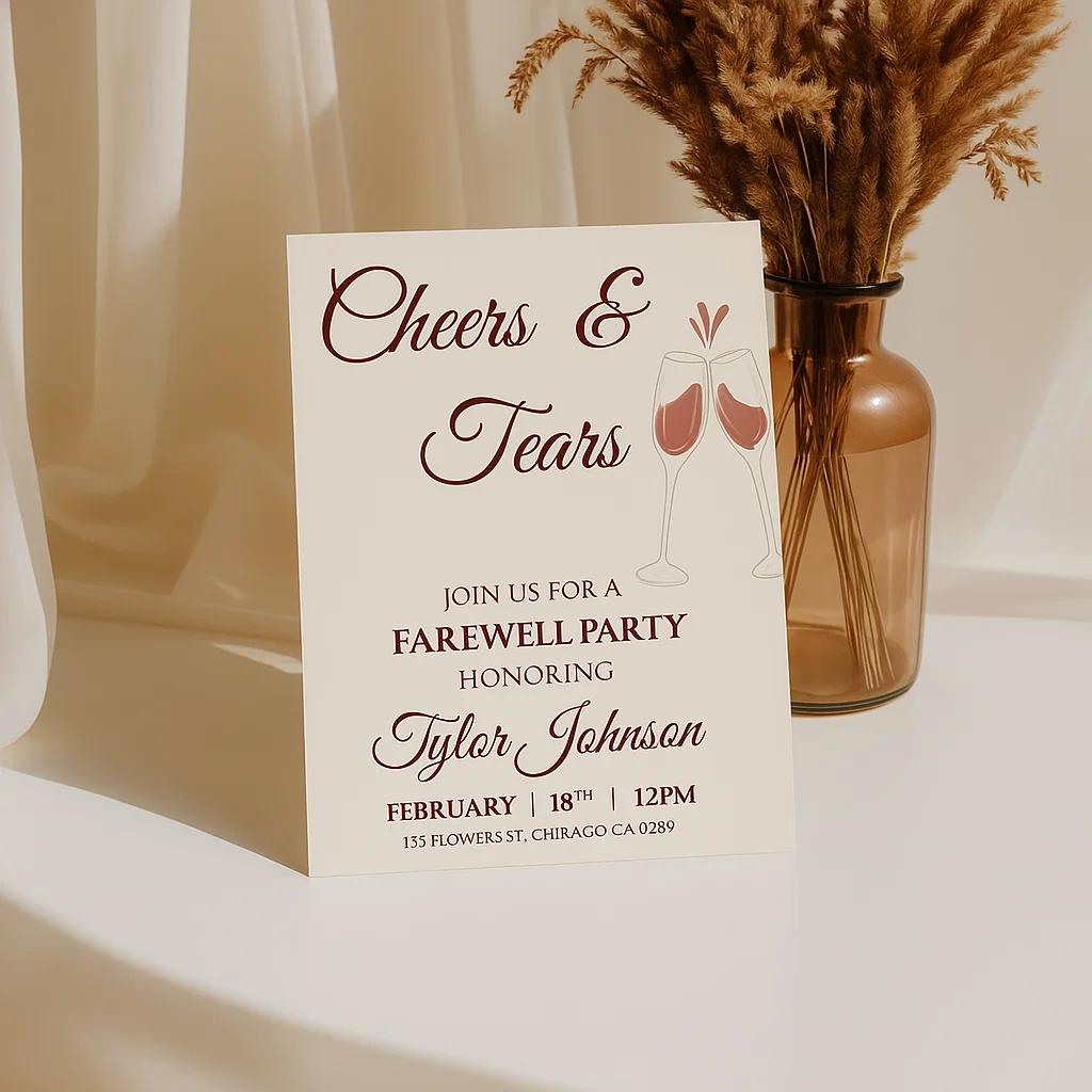 Editable Cheers and Tears Farewell Party Invitation – Customize Name, Date, Time, and Location Easily with Canva Template Access