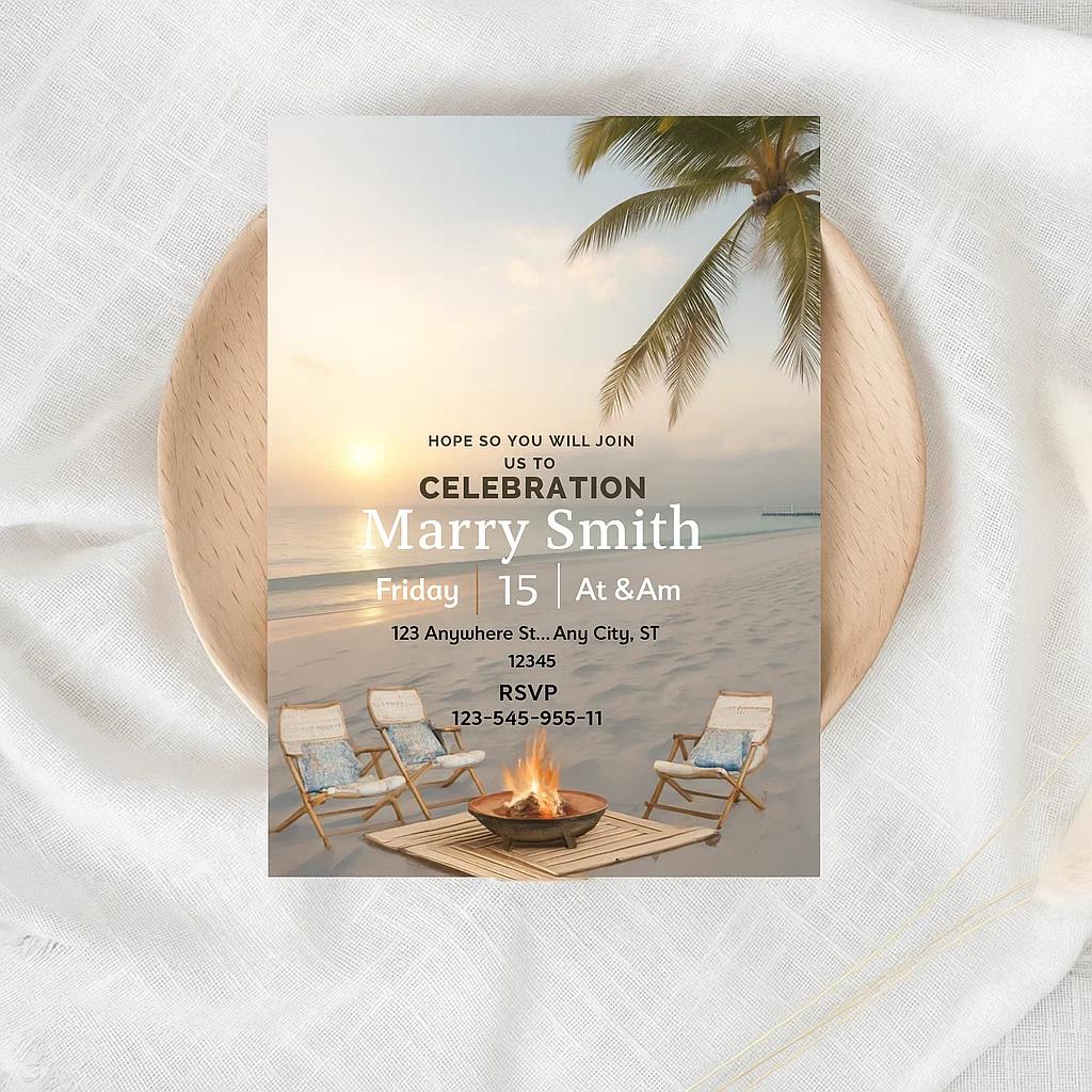 Editable Beach Celebration Invitation Template – Customize Name, Date, Time, and Location Instantly with Canva for Sunrise Events
