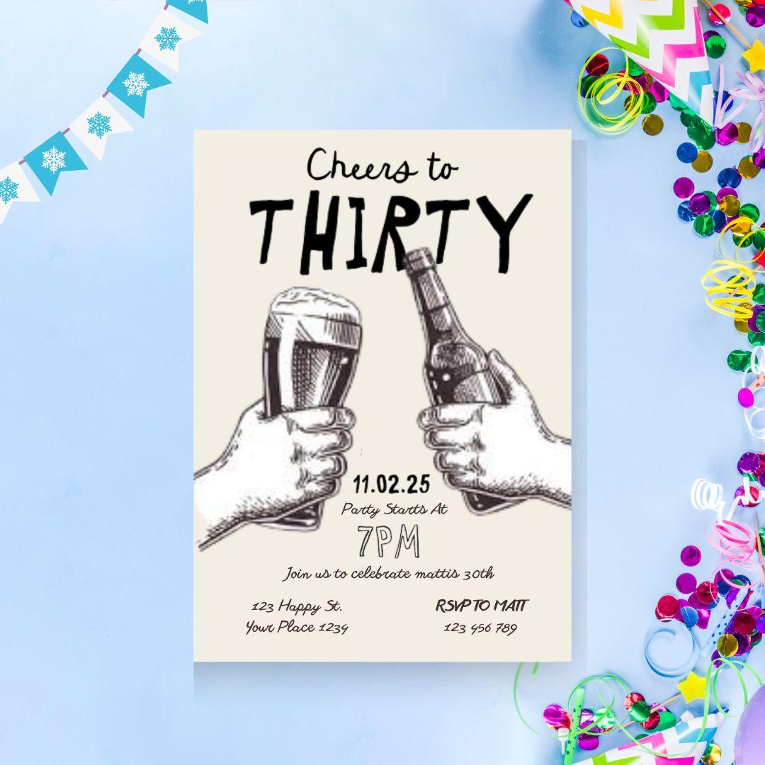 Cheers to Thirty Invitation Template | Editable Canva Birthday Invite | Modern 30th Party Design for Her | Digital Download