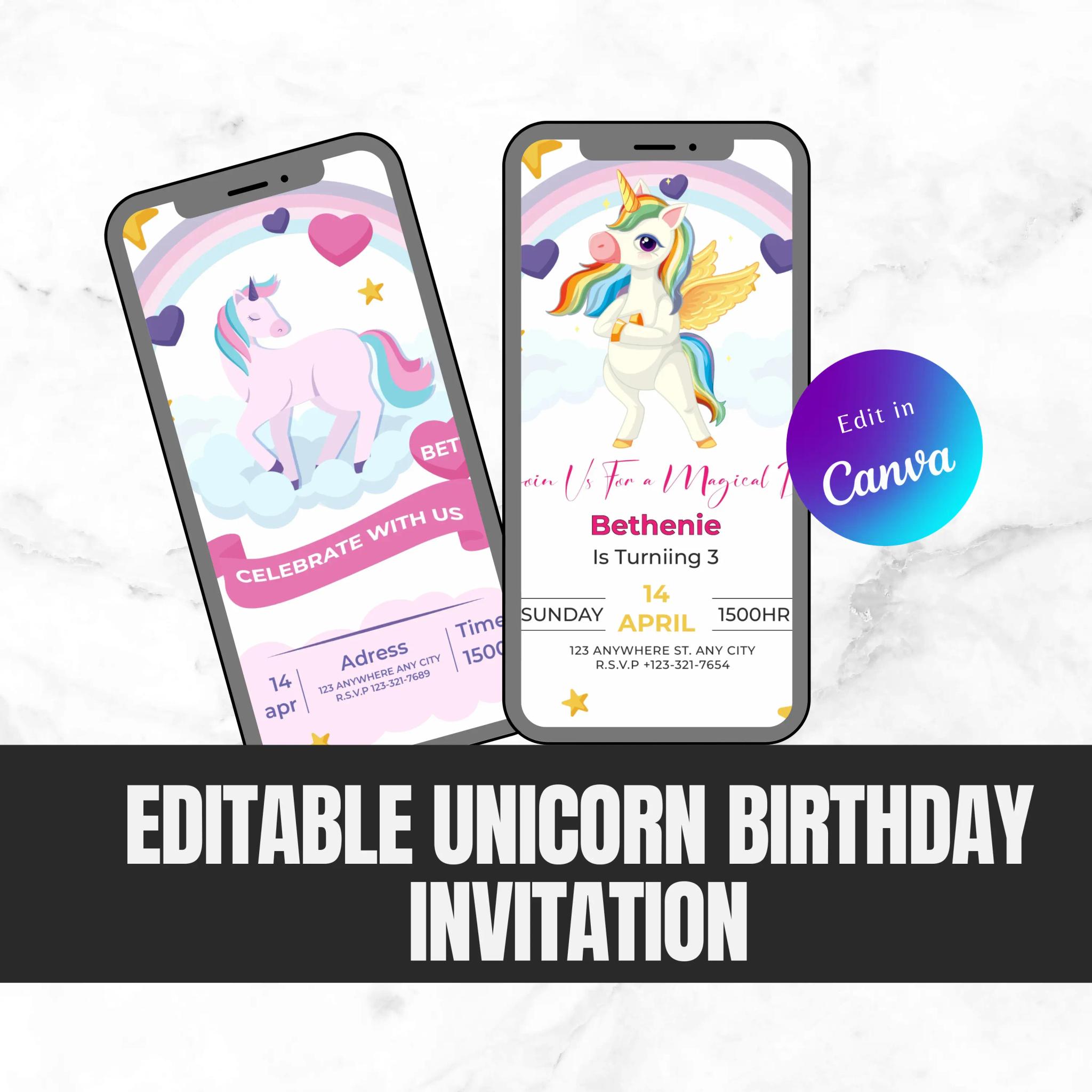 Unicorn Birthday Invitation | Pastel Rainbow Party Invite | Magical Sparkle Design | Editable & Printable Canva Template | Instant Download