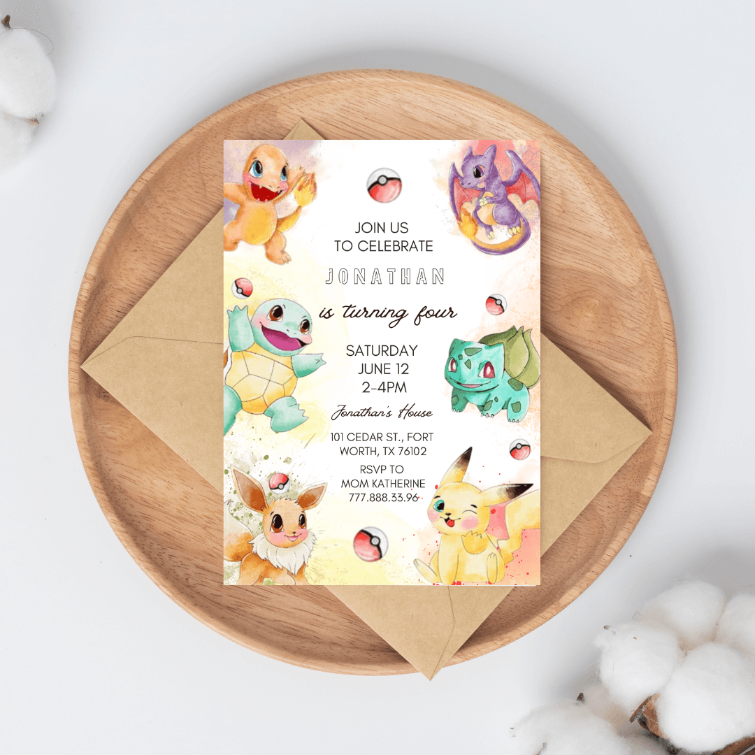 Pikachu Theme Birthday Party Invitation - Customizable, Printable, Perfect for Kids' Pokémon Parties